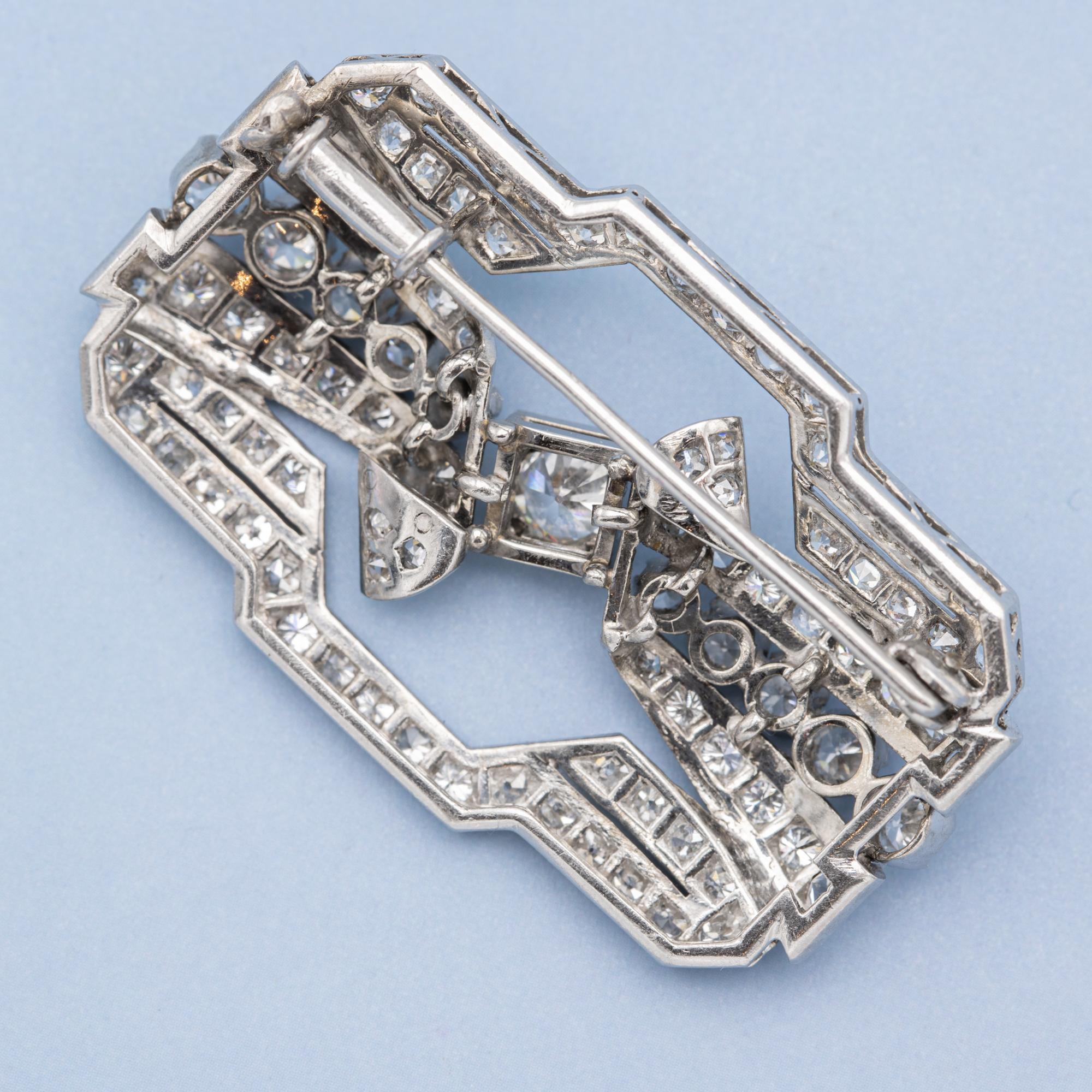 Broche Art déco, diamant 3,1 carats, taille ancienne, bijoux anciens, platine, 1930  en vente 1