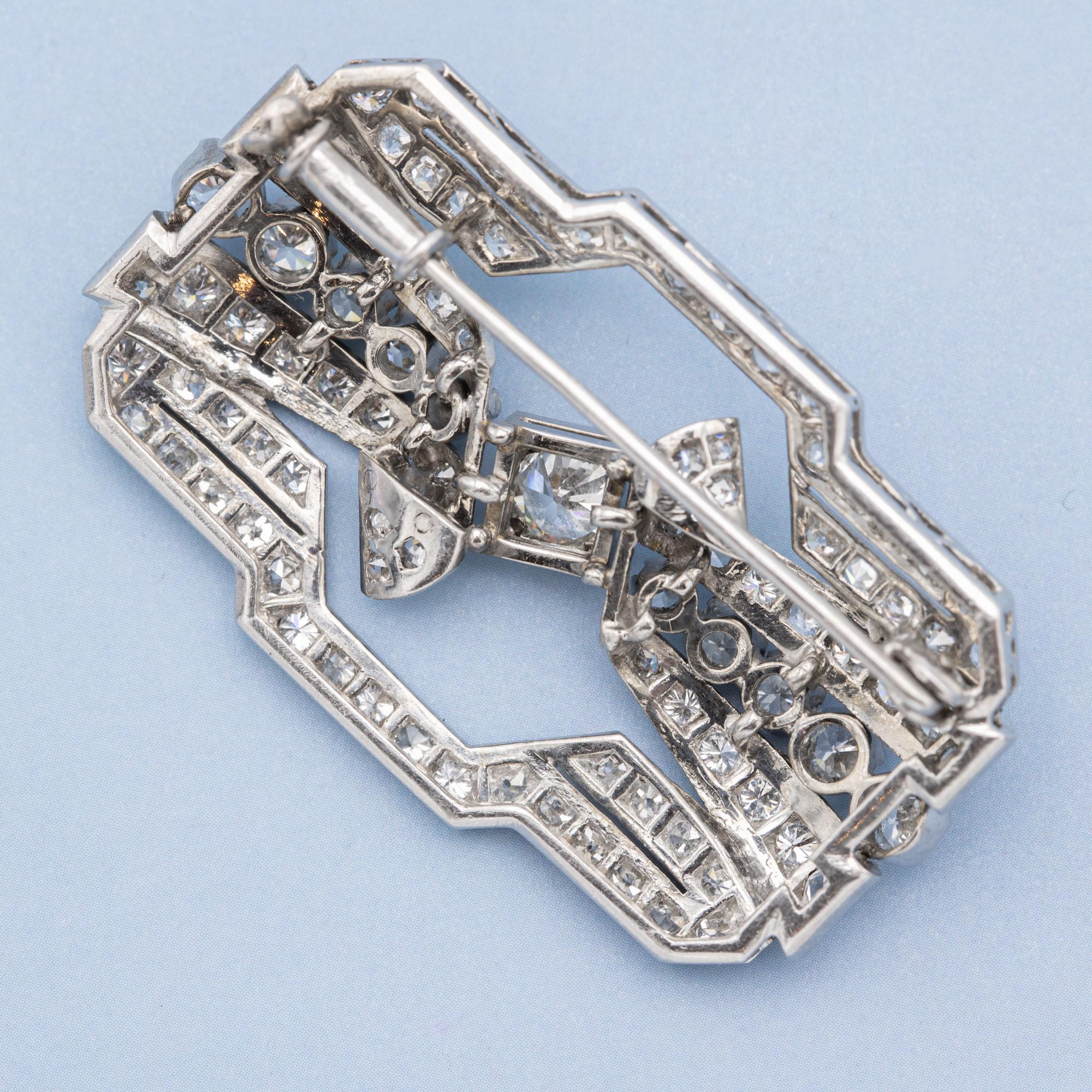 Broche Art déco, diamant 3,1 carats, taille ancienne, bijoux anciens, platine, 1930  en vente 2