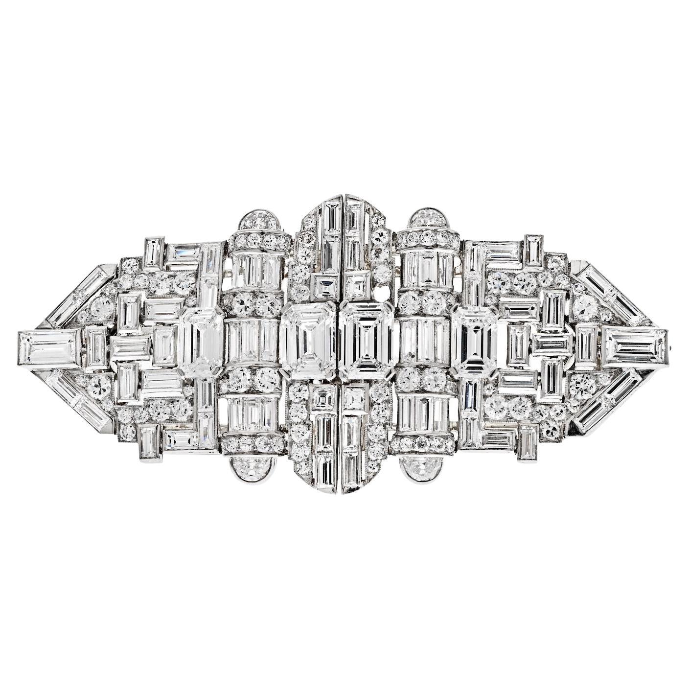 Platinum 1930s Deco Diamond Double Clip GIA Certified E VS2 Brooch For Sale