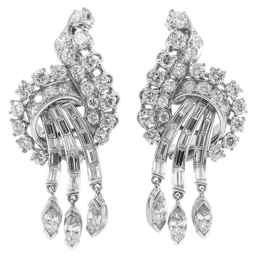Platinum 1930s Round Marquise and Baguette Diamond Earrings For Sale