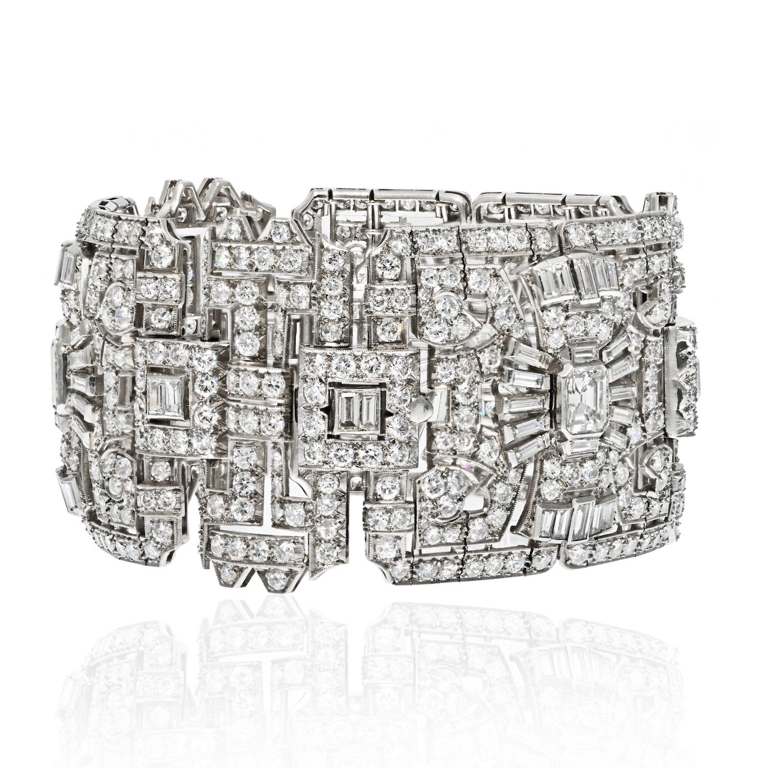 Old cut diamonds, baguette cut diamonds, straight cut diamonds: total carat weight 47.00cttw. 

Art Deco jewelry is special for many reasons. First, it has a unique and timeless beauty that stands out from traditional jewelry designs. 

Secondly, it