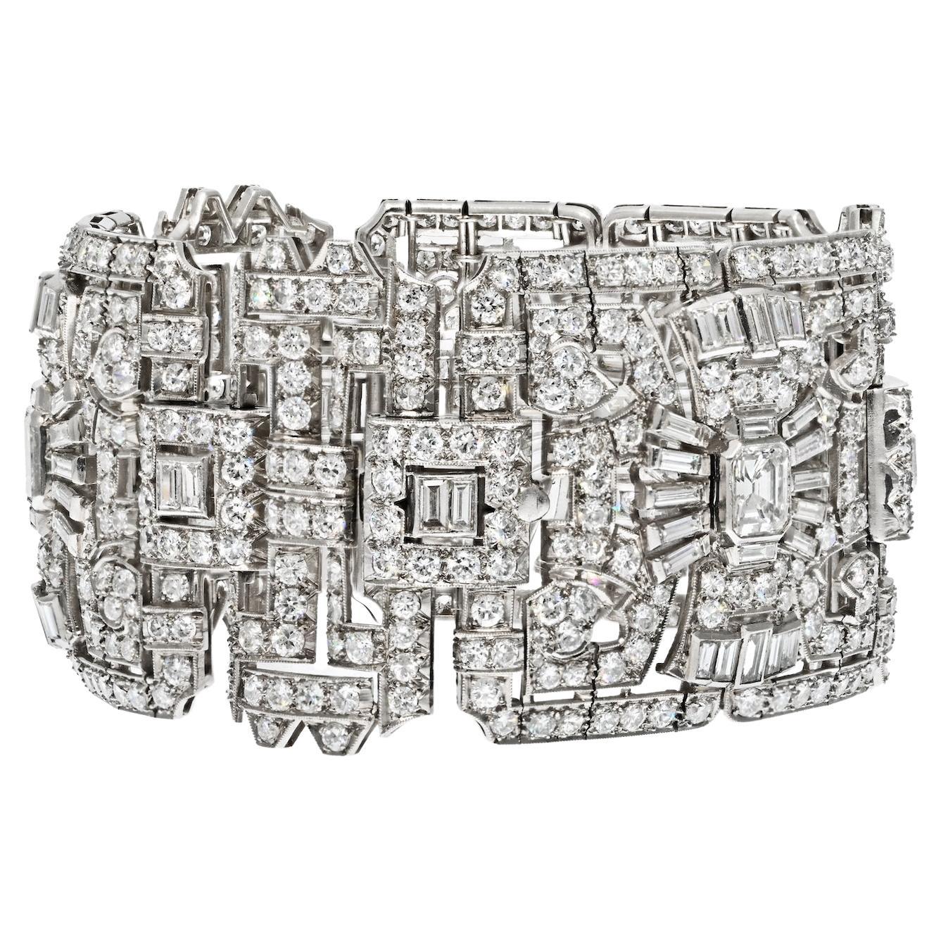 Platinum 1930s Statement Deco 47.00cttw Diamond Bracelet For Sale