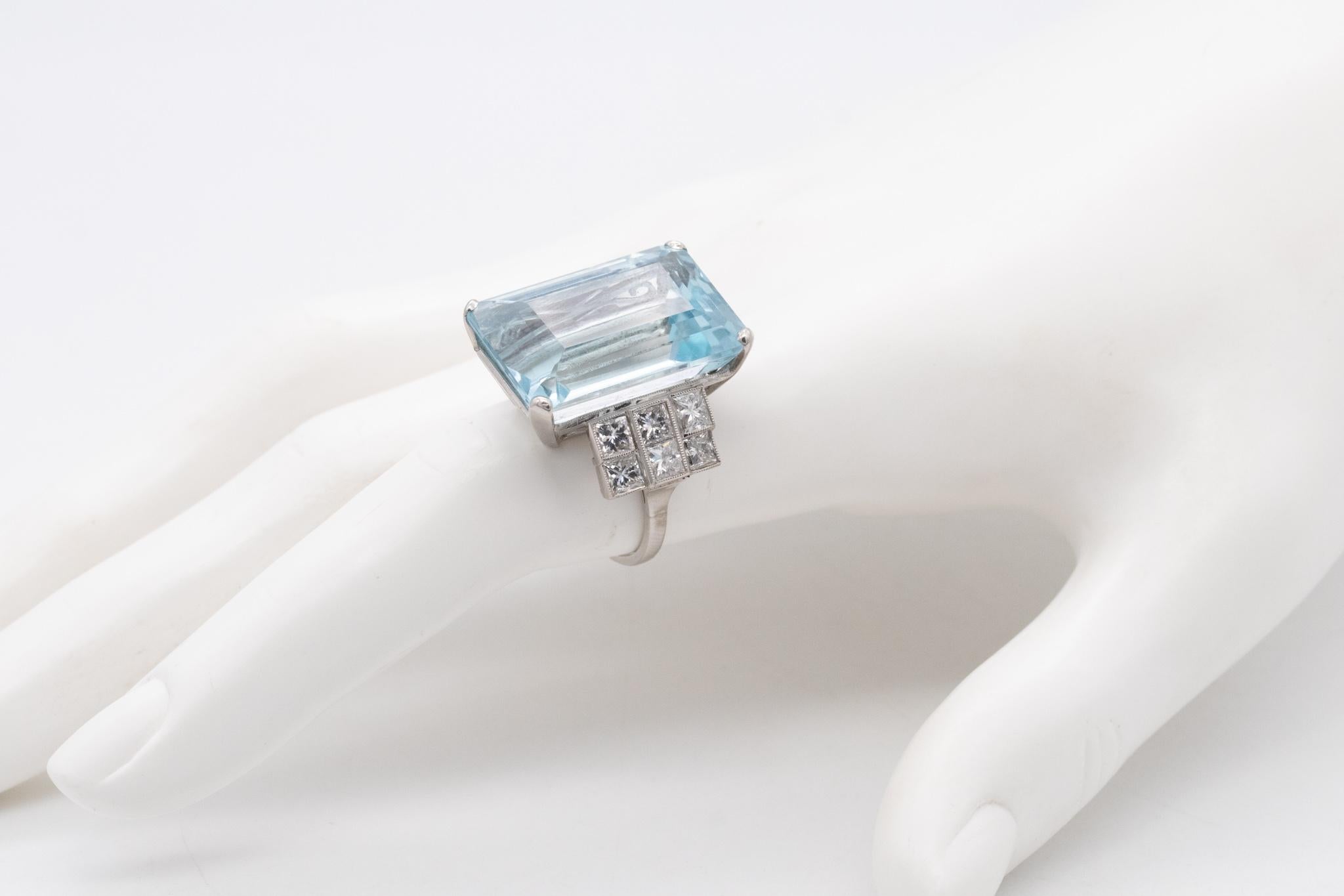 Mixed Cut Platinum 1938 Art Deco Statement Ring with 28.44 Cts in Aquamarine and Diamonds