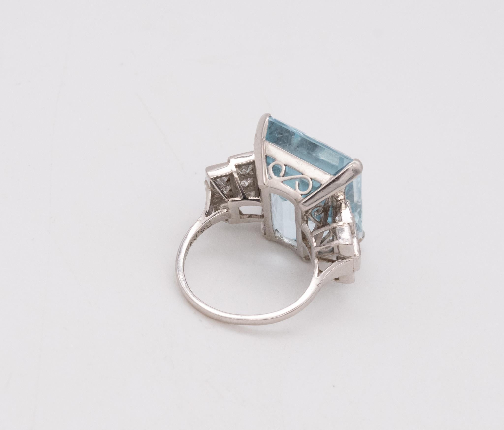 Women's or Men's Platinum 1938 Art Deco Statement Ring with 28.44 Cts in Aquamarine and Diamonds