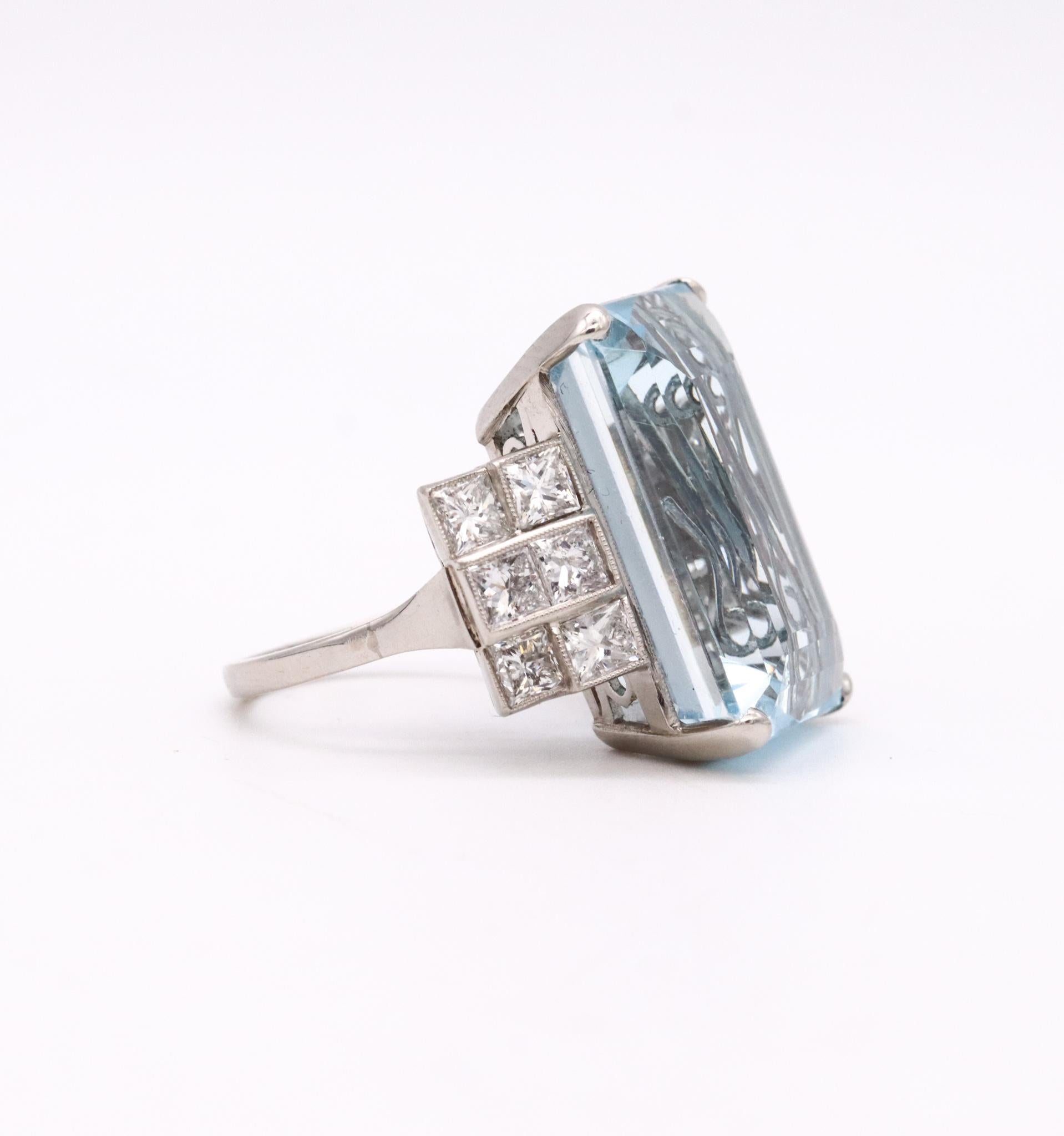 Platinum 1938 Art Deco Statement Ring with 28.44 Cts in Aquamarine and Diamonds 1
