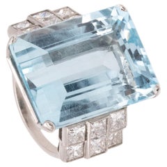 Platinum 1938 Art Deco Statement Ring with 28.44 Cts in Aquamarine and Diamonds