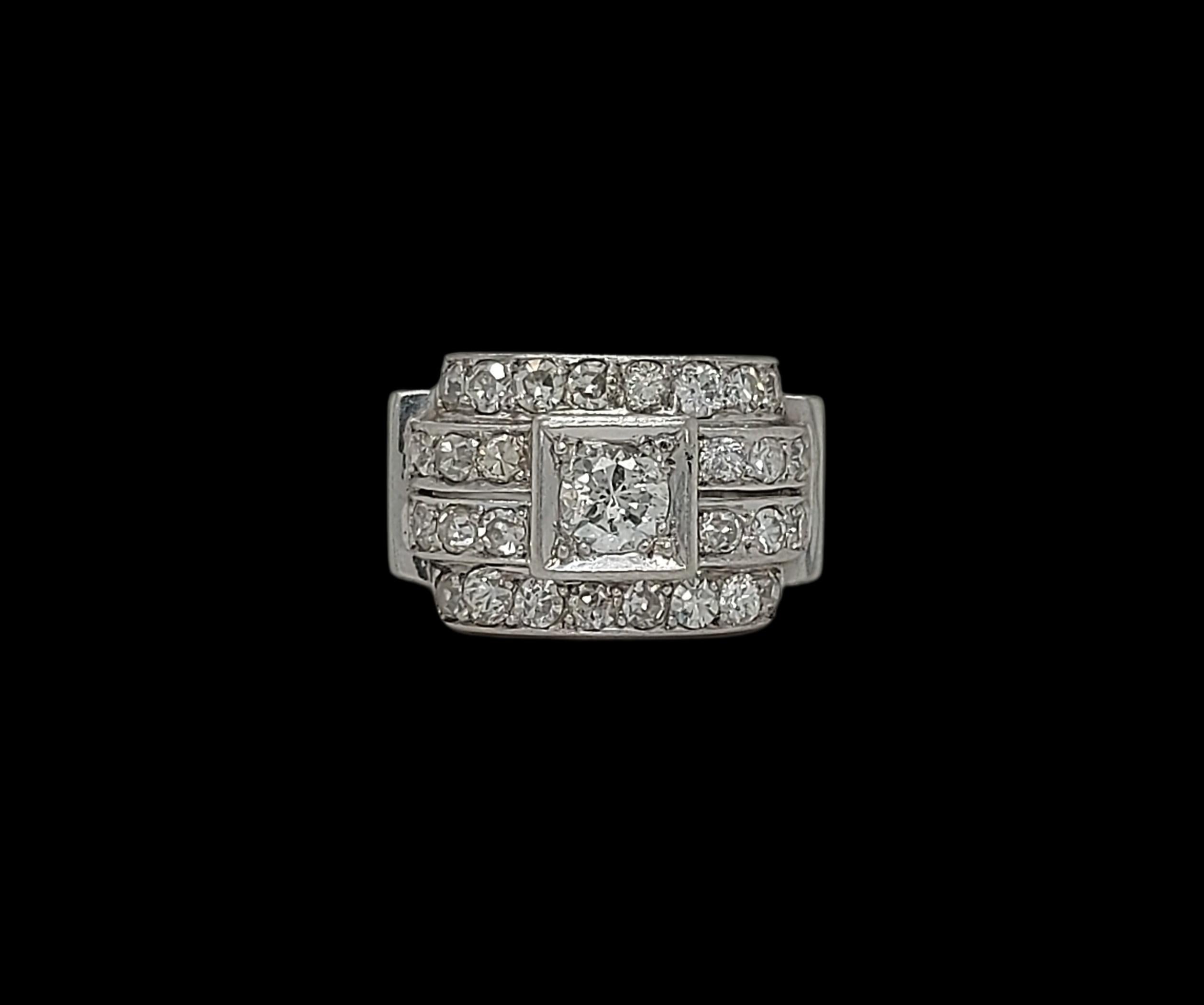Platinum 1940 s Ring Set with 1.34ct Diamonds

Diamonds: 27 Round cut diamonds. Centre diamond 0.3 ct Surrounded by 1.04 ct Together 1.34ct Diamonds

Material: Solid Platinum 0.950

Ring size: 50 EU / 5.25 US ( can be resized for free)

Total