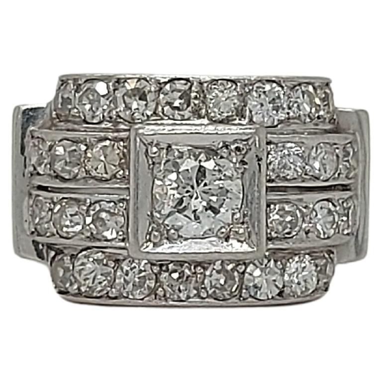 Platinum 1940 s Ring Set with 1.34 ct Round Cut Diamonds For Sale