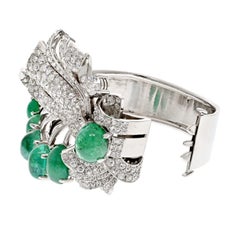 Platinum 1940s Cabochon Cut Green Emerald and Diamond Bracelet