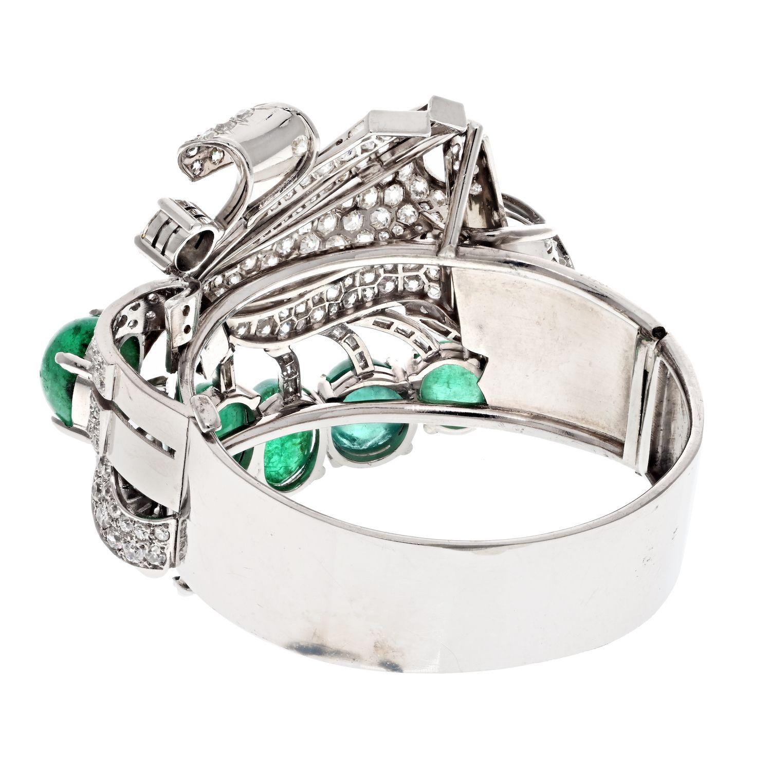 Modern Platinum 1940s Cabochon Cut Green Emerald and Diamond Bracelet For Sale