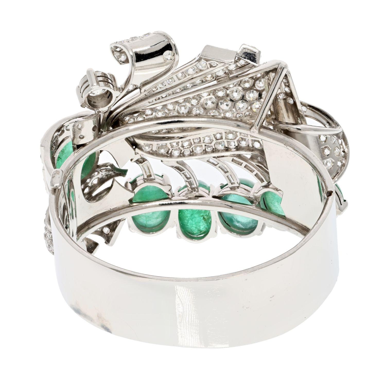 Women's Platinum 1940s Cabochon Cut Green Emerald and Diamond Bracelet For Sale