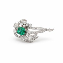 Platinum 1940s Diamond Emerald Pin