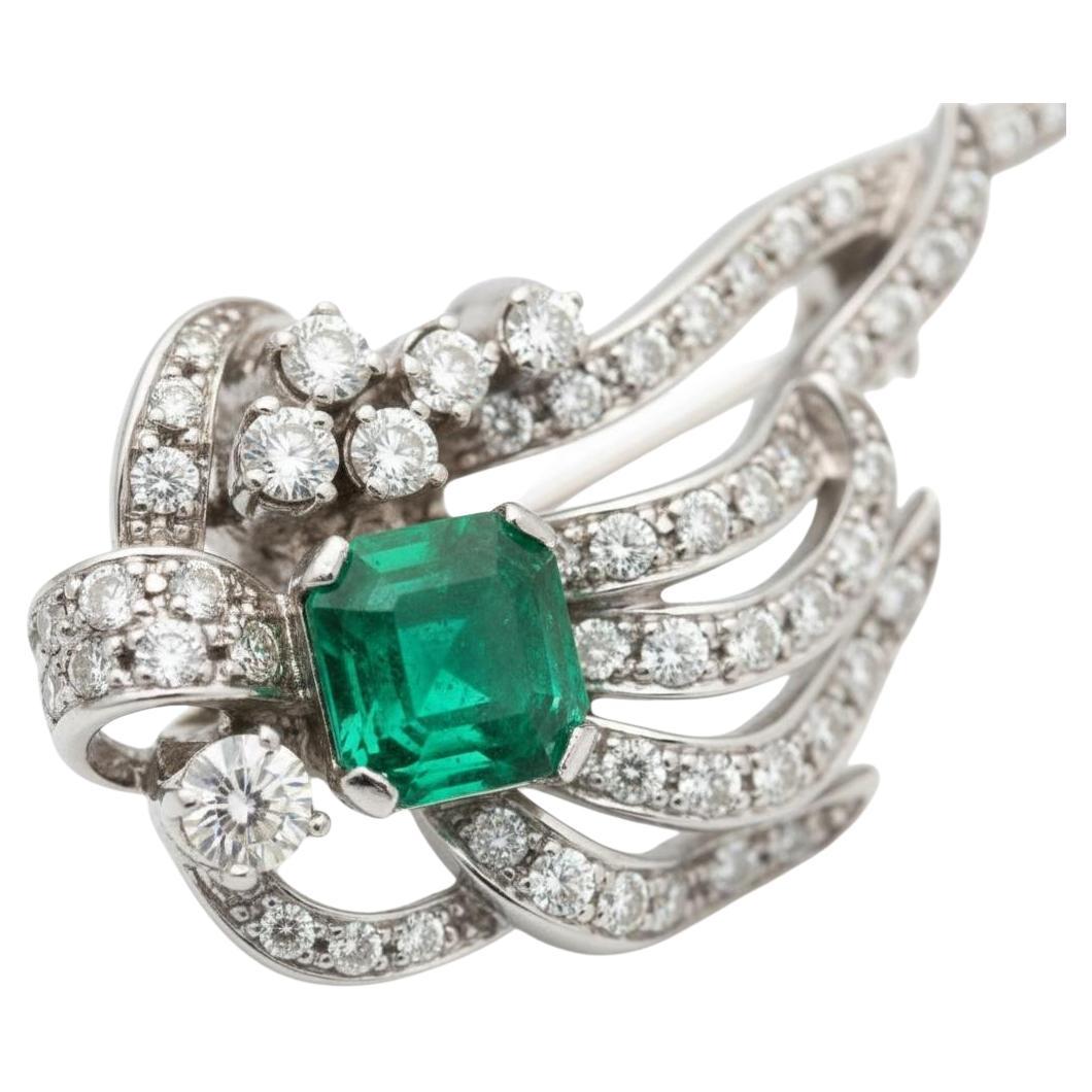 Platinum 1940s Diamond Emerald Pin For Sale