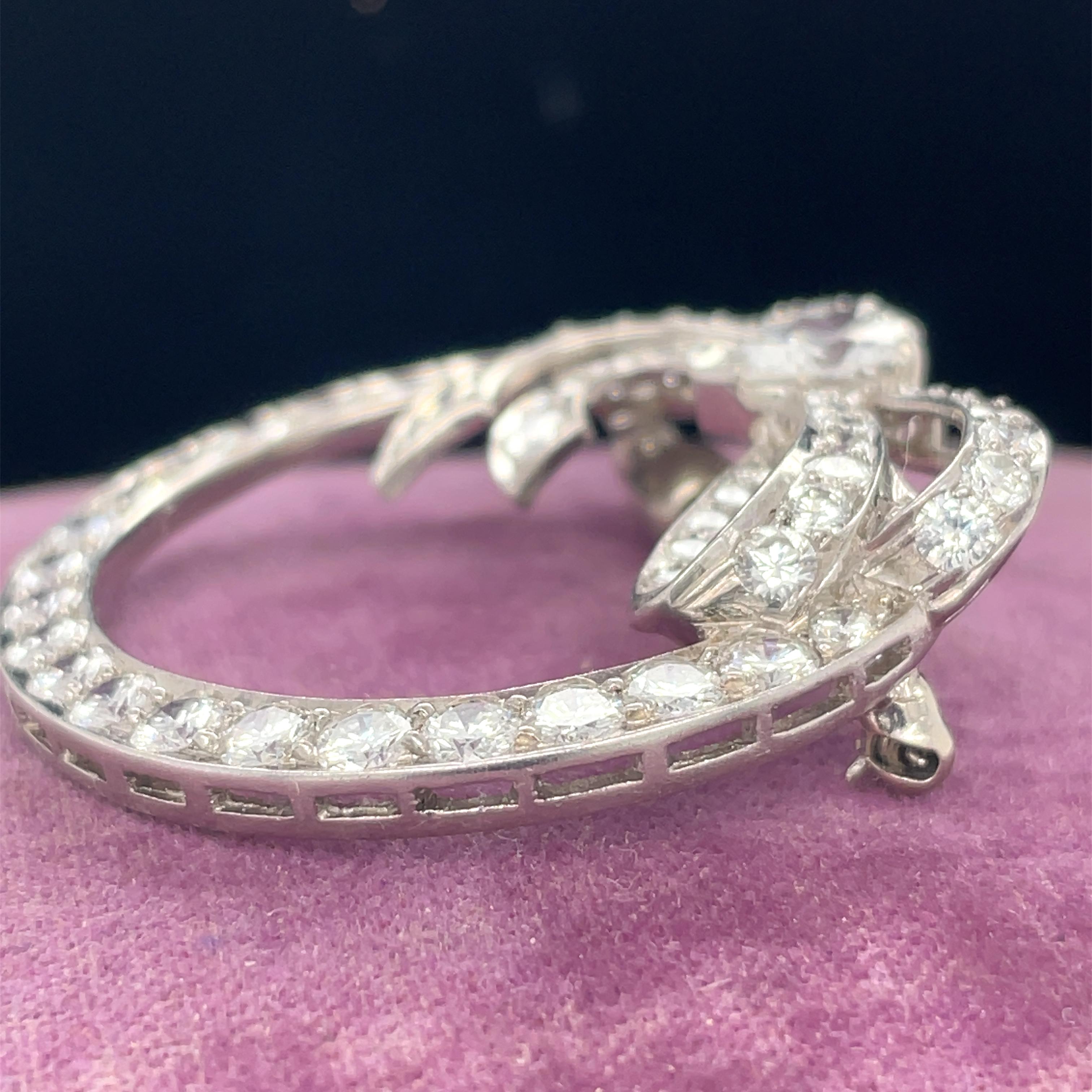 Art Deco Platinum 1940s Gia Pear Shape & Round Diamond Ribbon Brooch For Sale