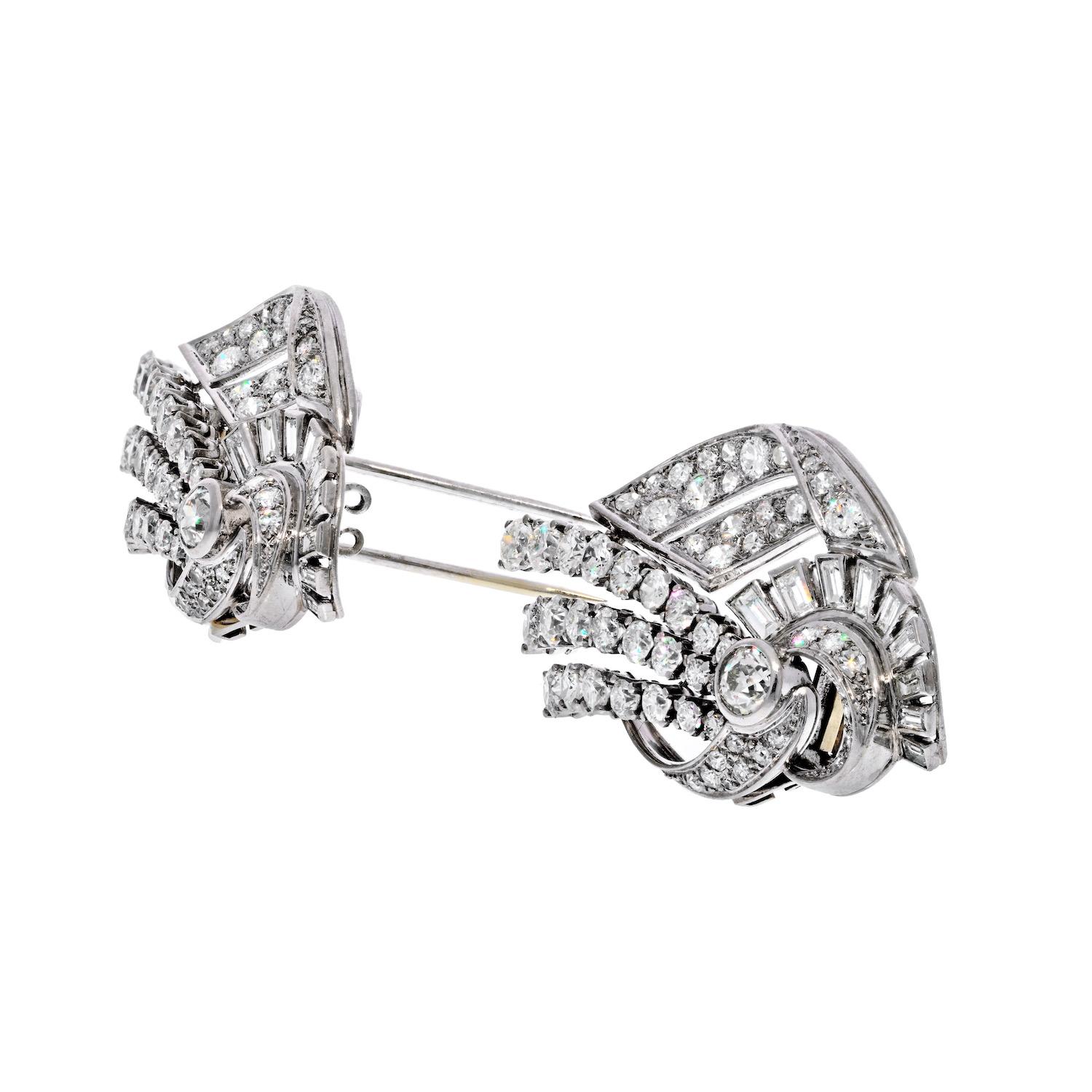 Spectacular diamond brooches that create a wonderful double clip. First created by the fine-jewelry maker Cartier in 1927, a double clip brooch was a pin-backed mount for two dress clips, so they could be worn together as one brooch or as two