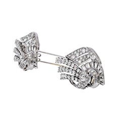 Platinum 1940's Old Cut, Baguette Fan Style Double Clip Brooch