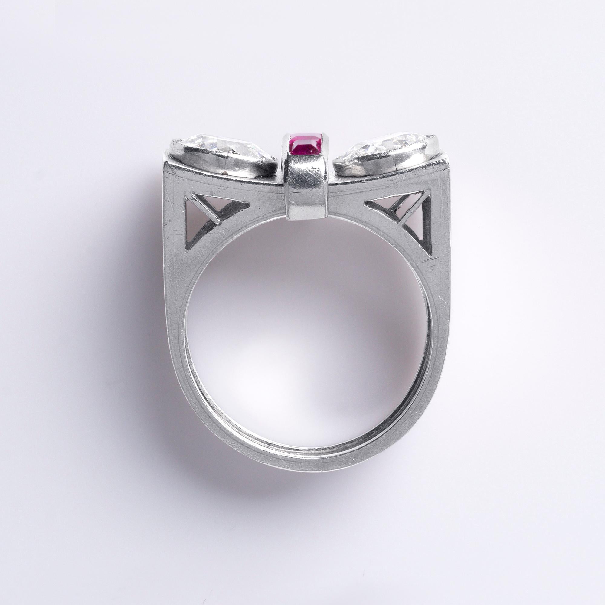 Retro Platinum 1940's Old European Cut Diamond and Ruby Ring – 2.20 Carats For Sale