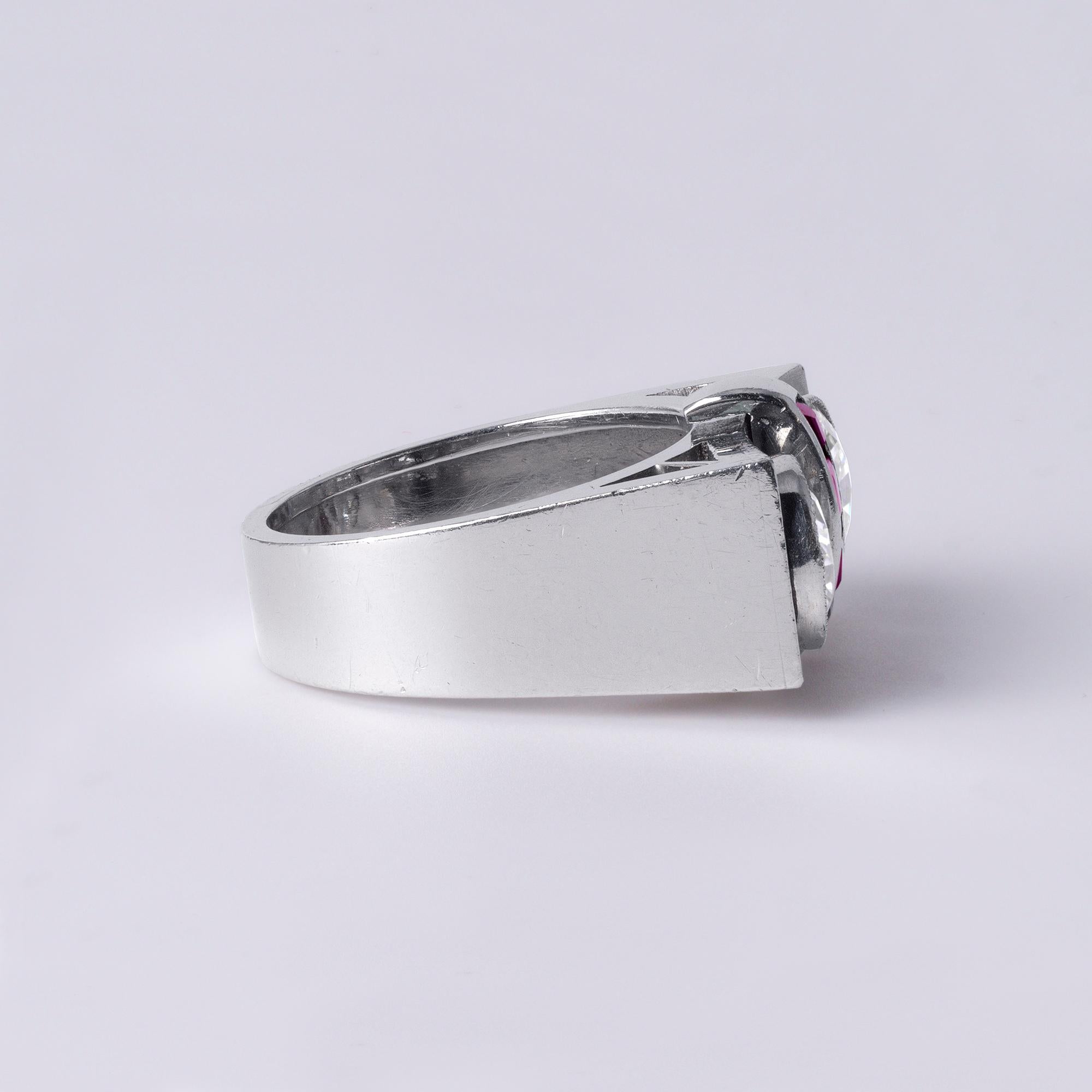 Women's or Men's Platinum 1940's Old European Cut Diamond and Ruby Ring – 2.20 Carats For Sale