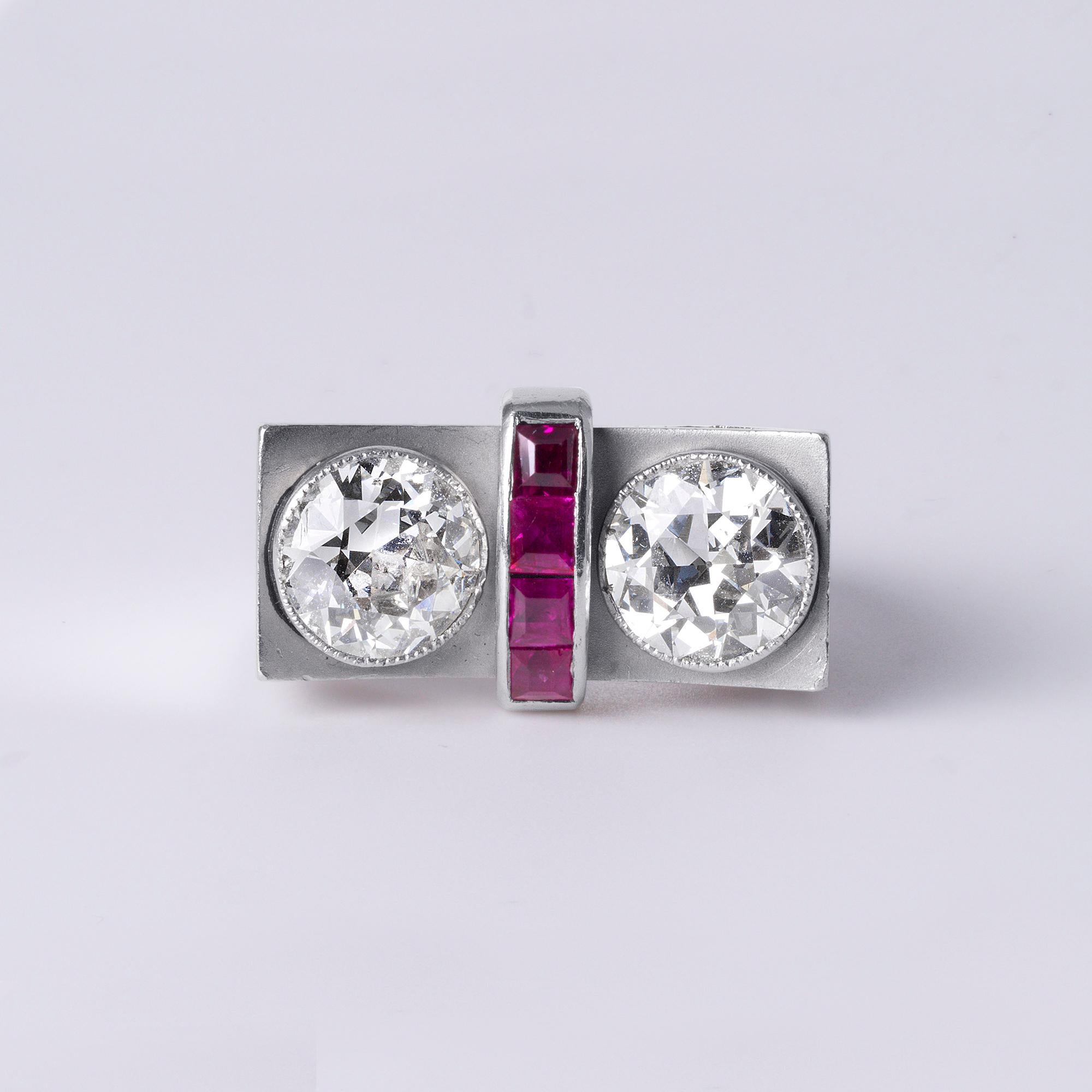 Platinum 1940's Old European Cut Diamond and Ruby Ring – 2.20 Carats For Sale 1