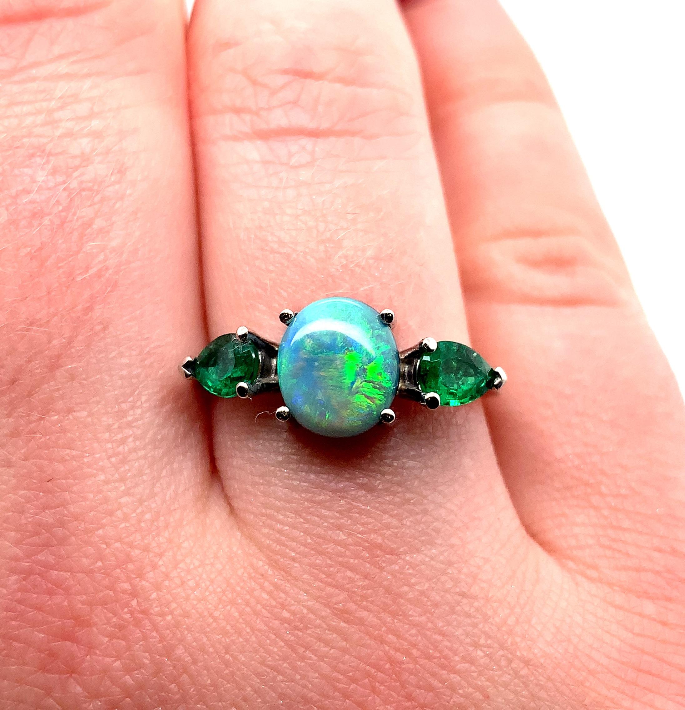 Platinum 1.95 Carat Black Opal and Emerald Ring For Sale 1