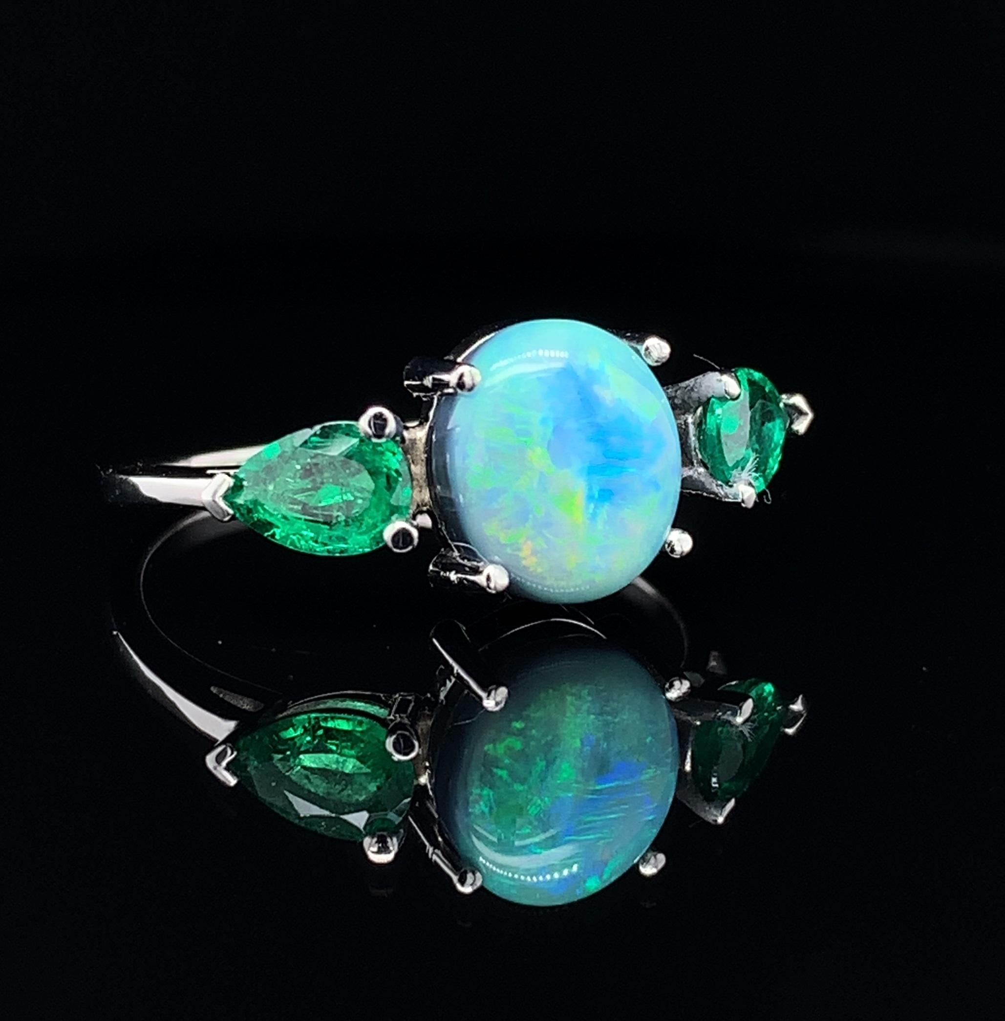 Pear Cut Platinum 1.95 Carat Black Opal and Emerald Ring For Sale