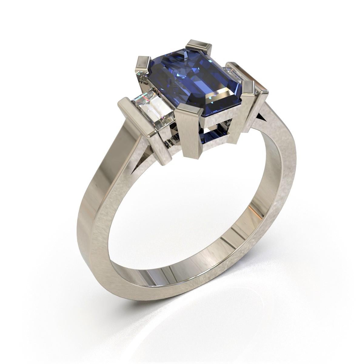 Ceylon Zaffiro Ring

Art Deco style, this elegant ring is made in platinum and set with a stunning Ceylon sapphire with a pair of baguette diamonds on either side.

Emerald faceted sapphire: Medium light strong blue. Eye Clean, Ceylon origin, 7.80 x