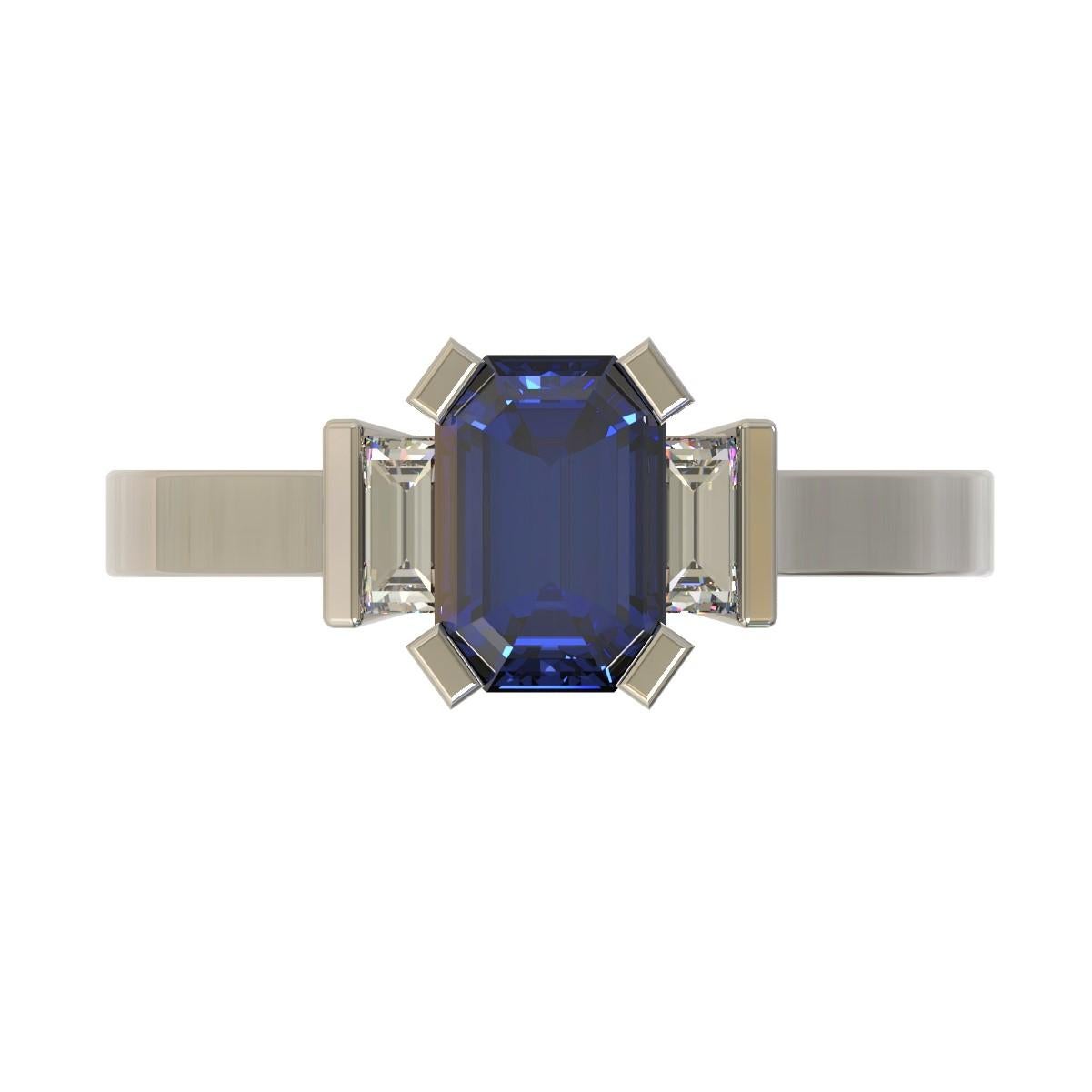 Art Deco Platinum 1.96 Carat Certified Emerald Cut Ceylon Sapphire and Diamond Ring For Sale