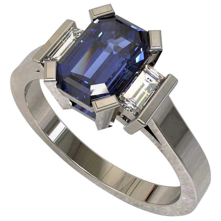 Platinum 1.96 Carat Certified Emerald Cut Ceylon Sapphire and Diamond Ring For Sale