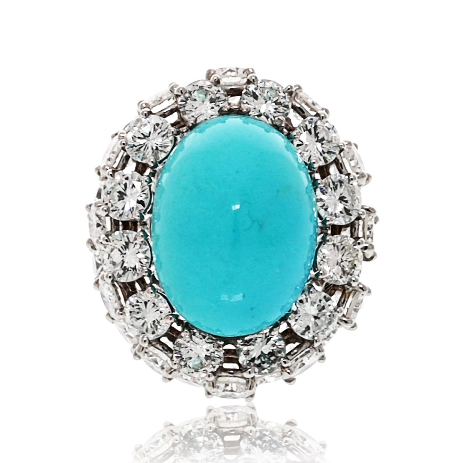 Modern Platinum 1960's Diamond and Cabochon Cut Turquoise Cocktail Ring For Sale