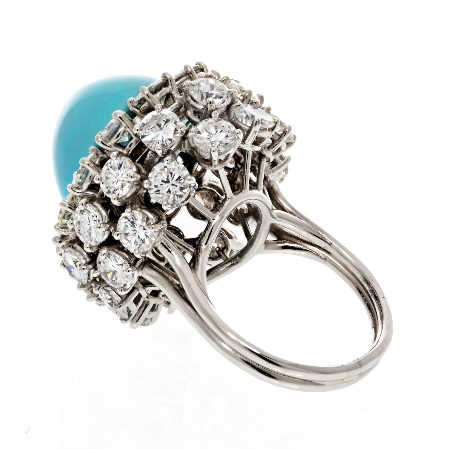 Round Cut Platinum 1960's Diamond and Cabochon Cut Turquoise Cocktail Ring For Sale