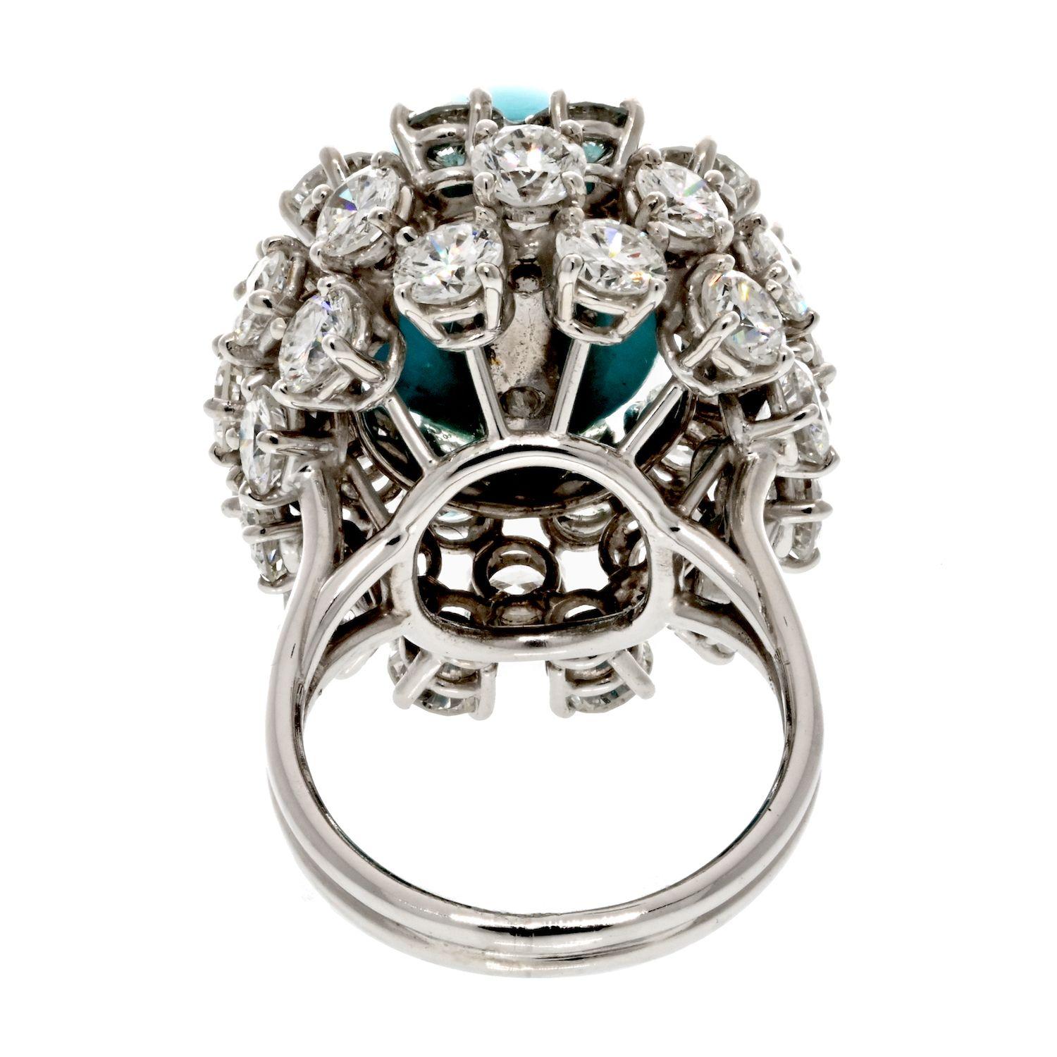 Platinum 1960's Diamond and Cabochon Cut Turquoise Cocktail Ring In Excellent Condition For Sale In New York, NY