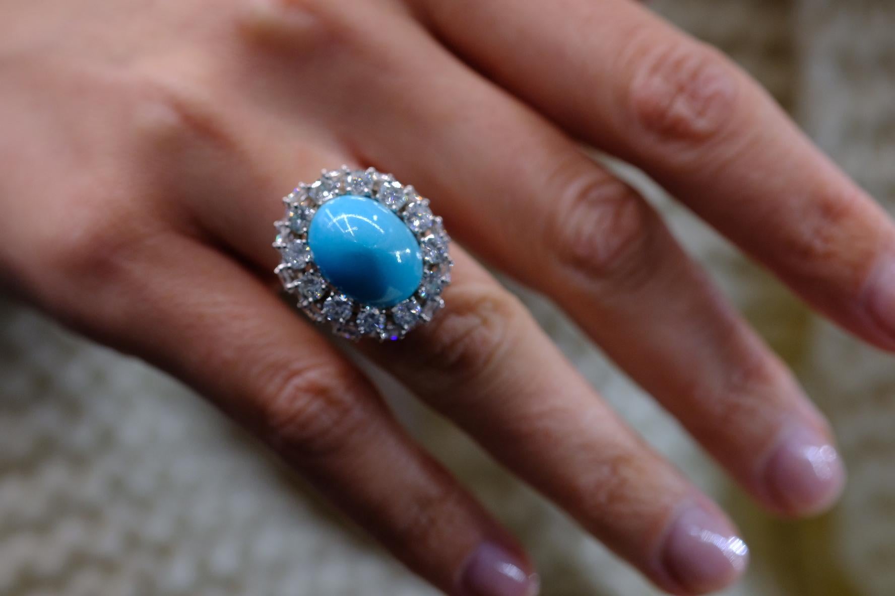 Women's Platinum 1960's Diamond and Cabochon Cut Turquoise Cocktail Ring For Sale
