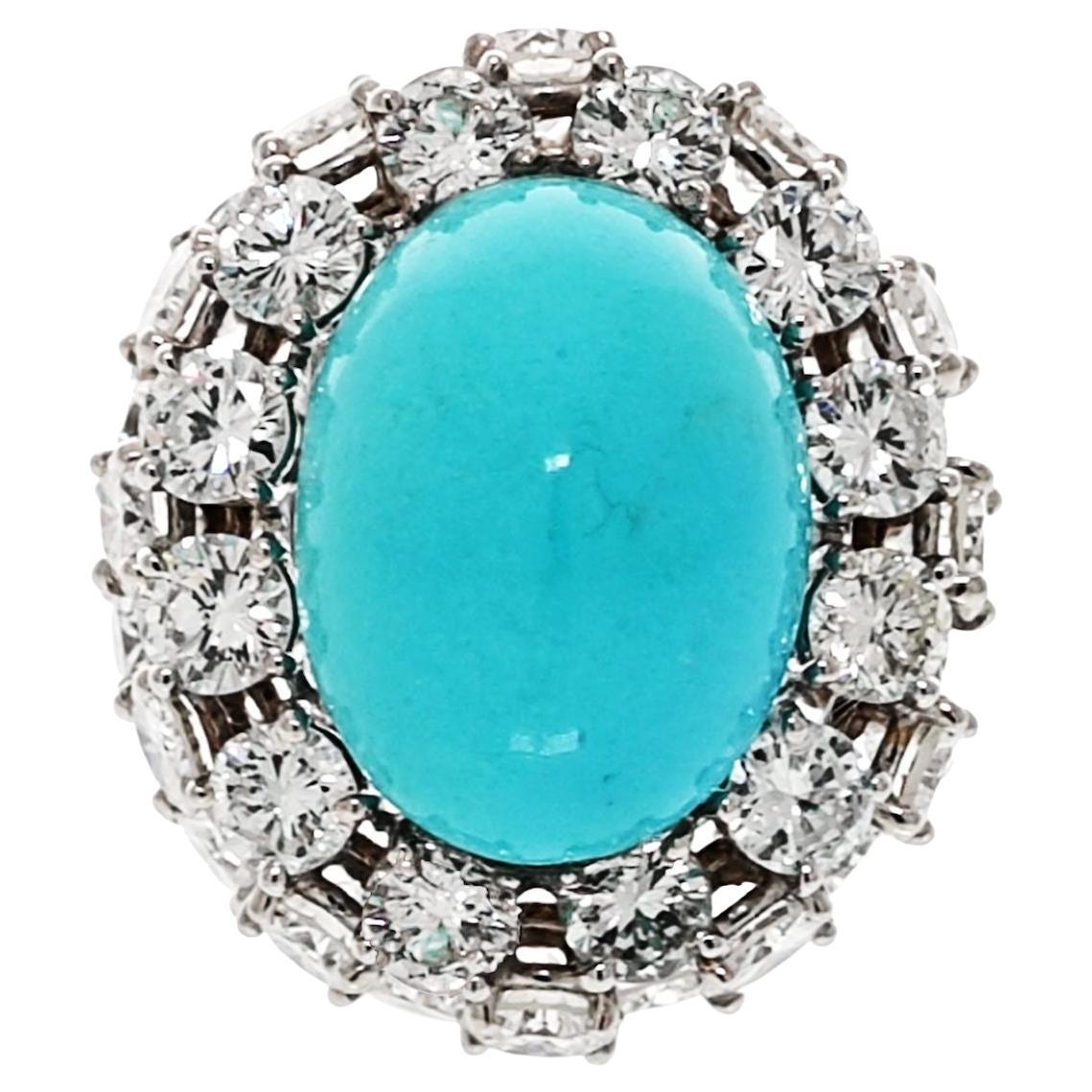 Platinum 1960's Diamond and Cabochon Cut Turquoise Cocktail Ring For Sale