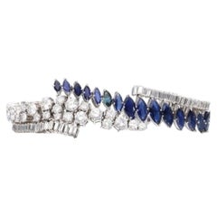Pulsera de eslabones de platino de los años 60 con diamantes redondos y en forma de baguette de 9 quilates y un zafiro de 9,95 quilates