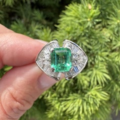 Platinum 1.96ctw Clean Bright Green Emerald w/ Round & Baguette Diamonds Ring