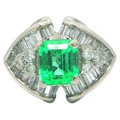 Platinum 1.96ctw Clean Bright Green Emerald w/ Round & Baguette Diamonds Ring