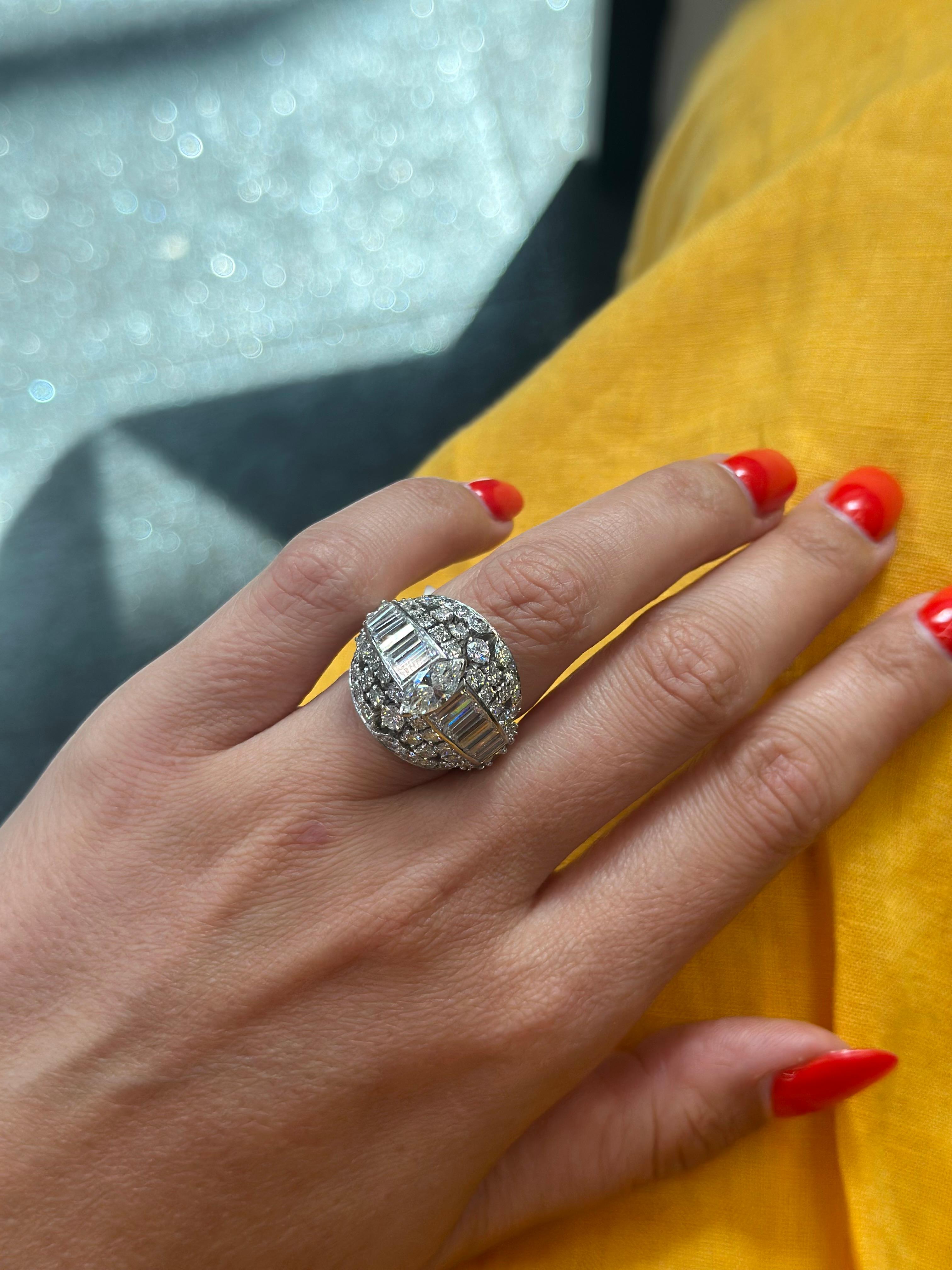 Platinum 1970's Bombe Marquise Cut And Round Cut Diamond Ring For Sale 5