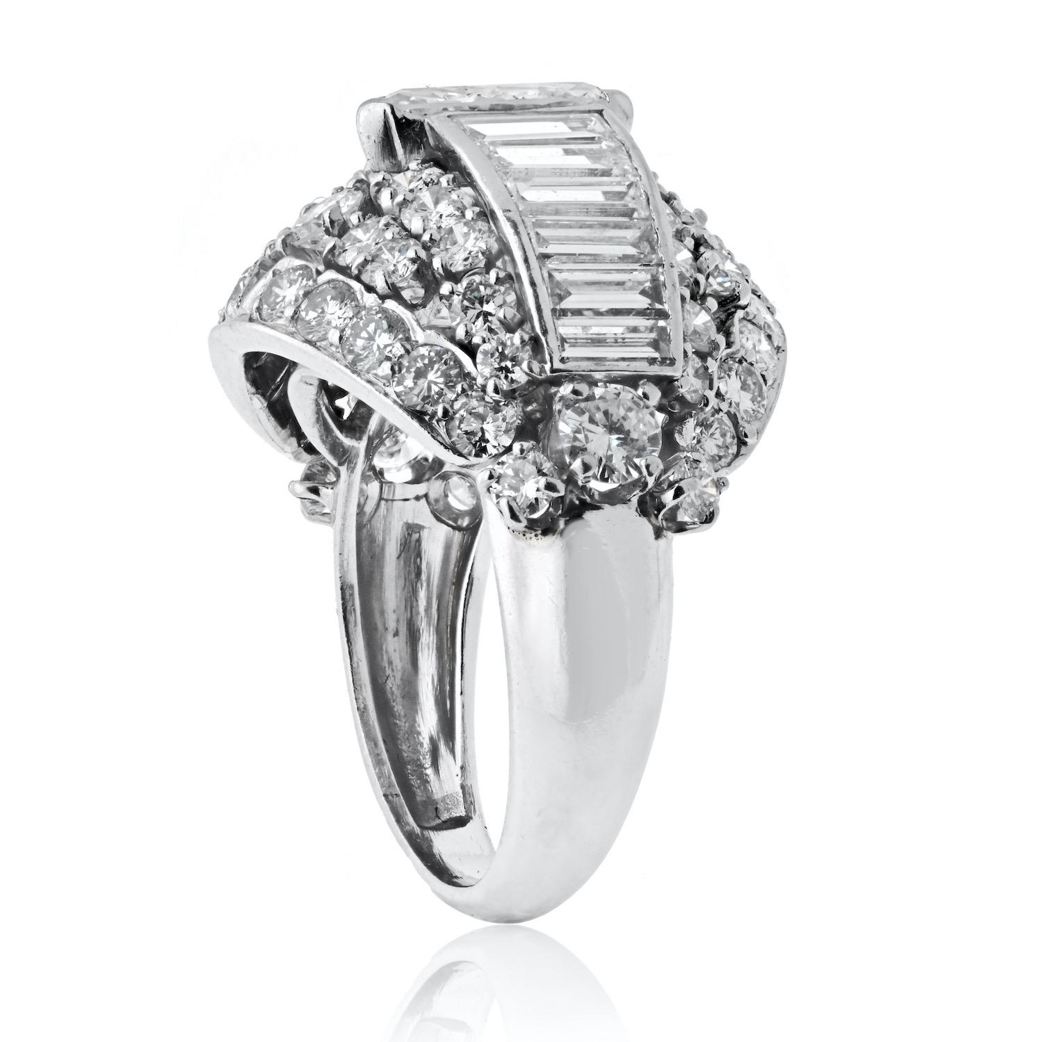 Art Deco Platinum 1970's Bombe Marquise Cut And Round Cut Diamond Ring For Sale