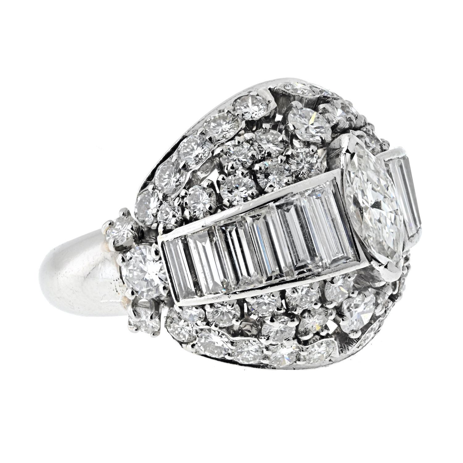 Platinum 1970's Bombe Marquise Cut And Round Cut Diamond Ring In Excellent Condition For Sale In New York, NY