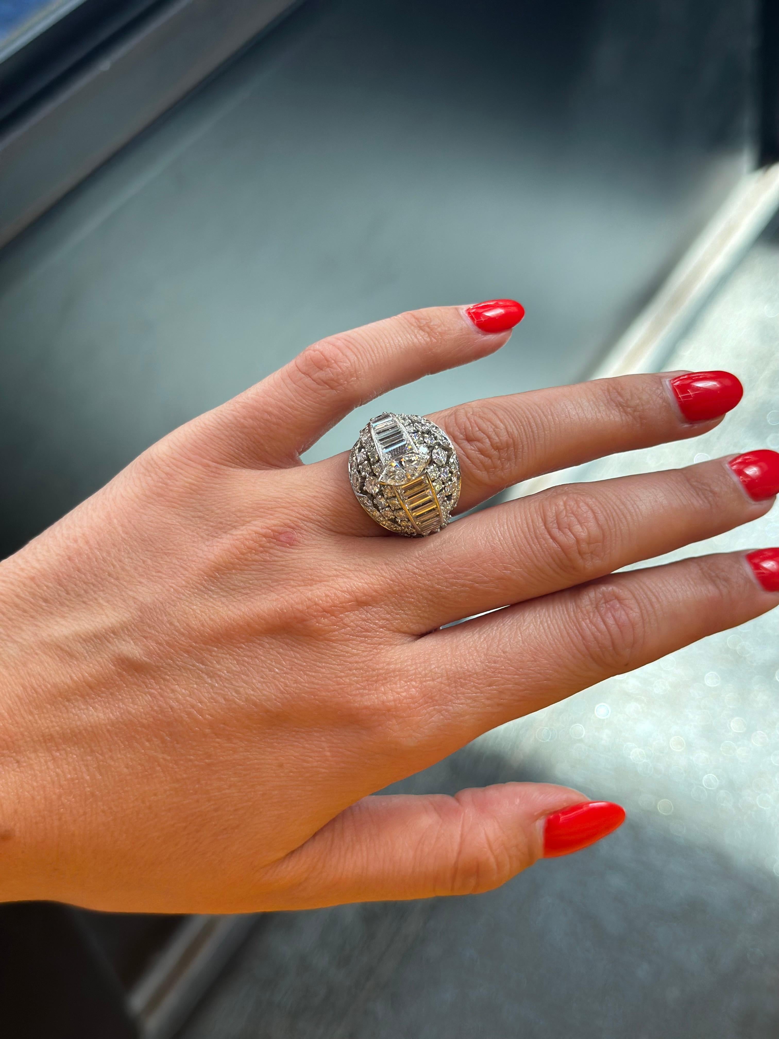 Platinum 1970's Bombe Marquise Cut And Round Cut Diamond Ring For Sale 1