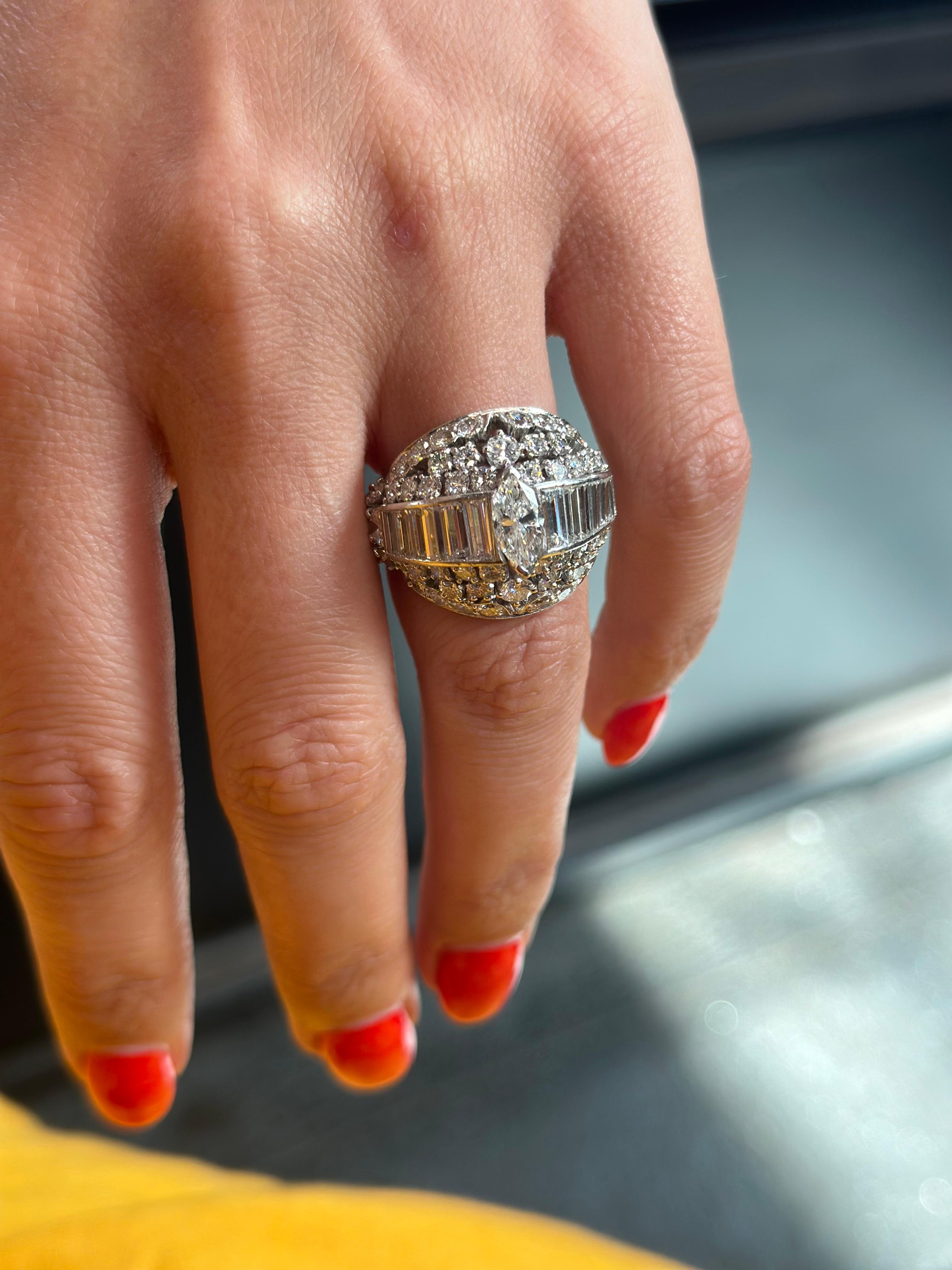 Platinum 1970's Bombe Marquise Cut And Round Cut Diamond Ring For Sale 2