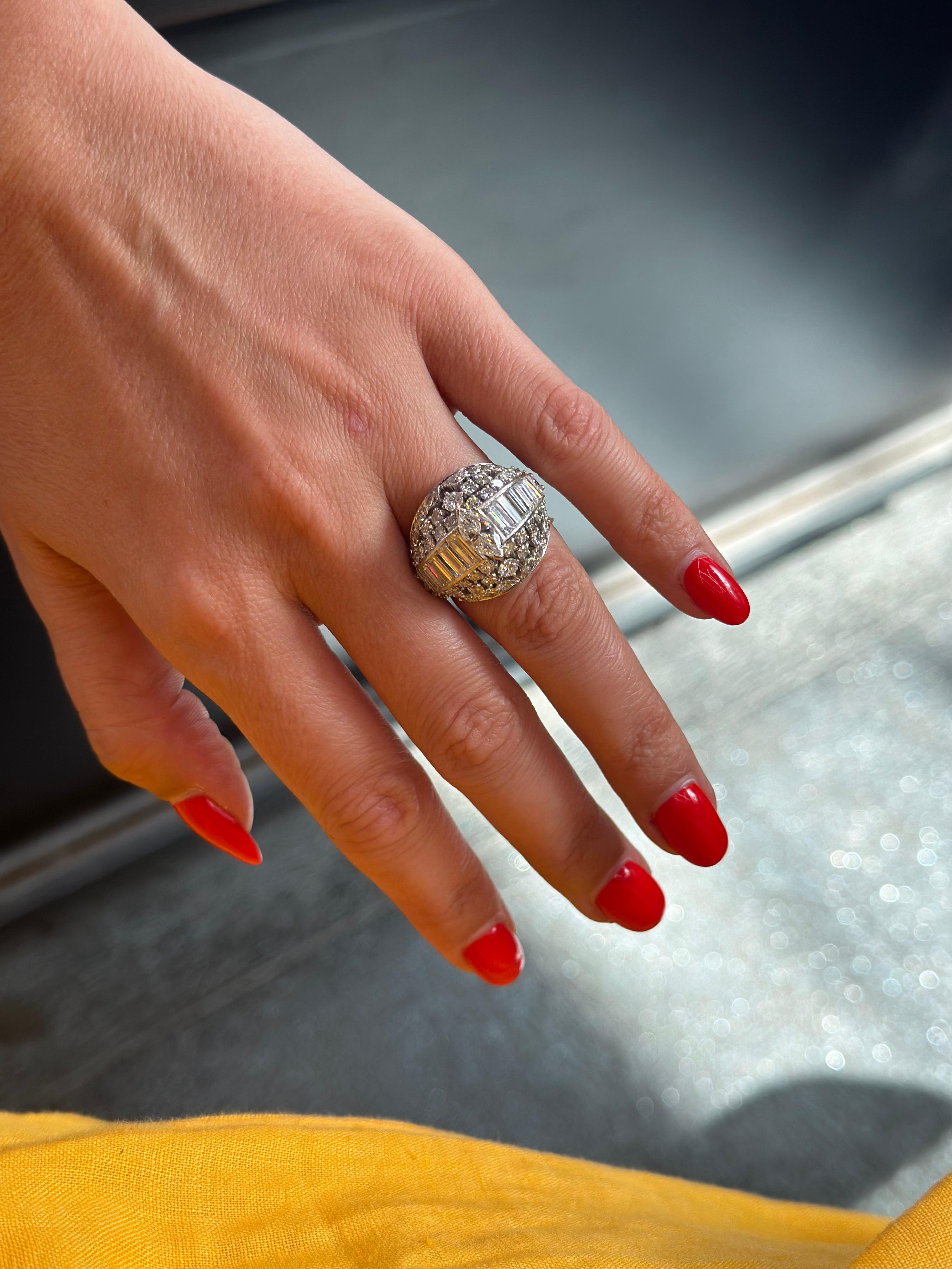 Platinum 1970's Bombe Marquise Cut And Round Cut Diamond Ring For Sale 3