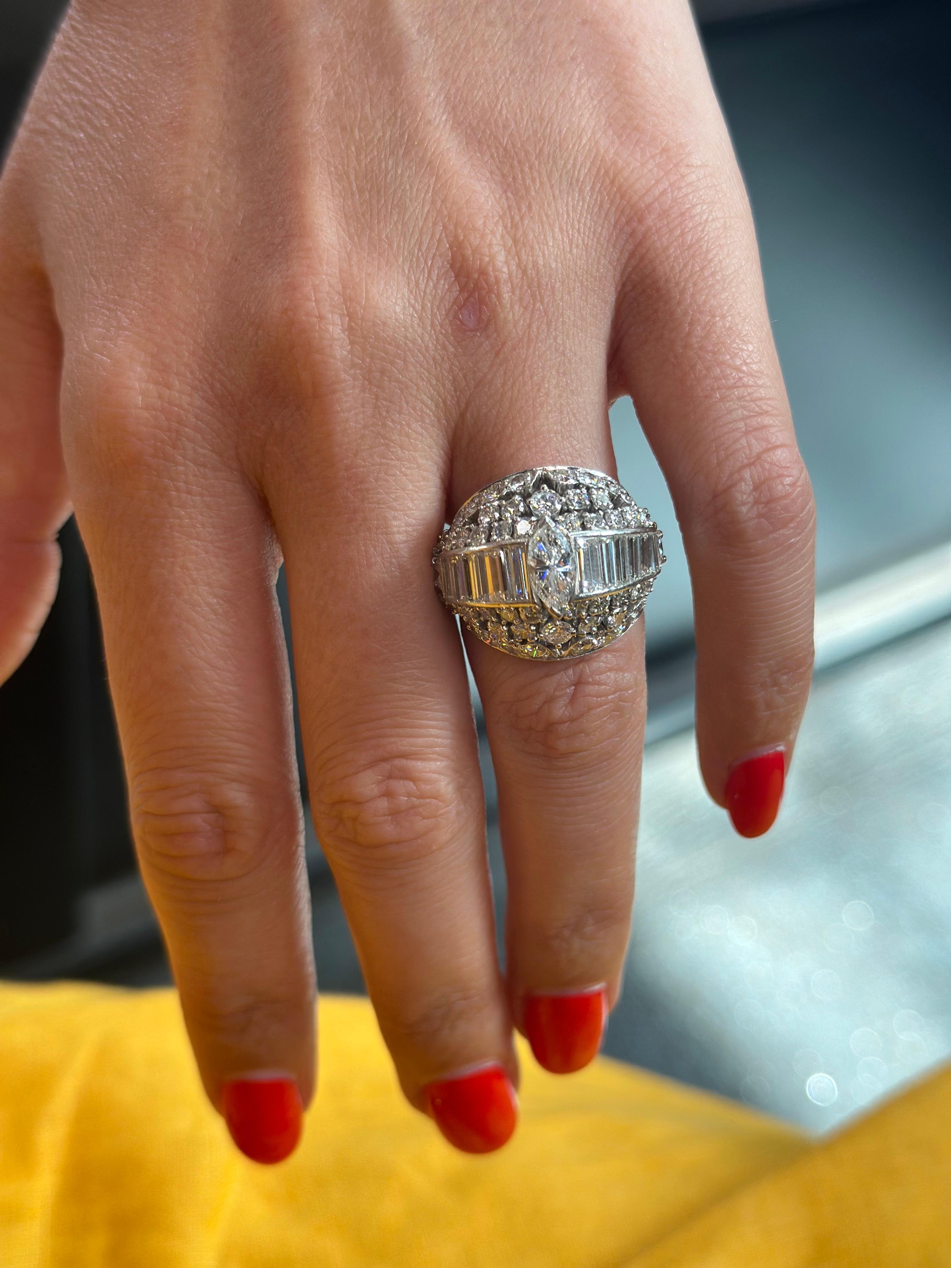 Platinum 1970's Bombe Marquise Cut And Round Cut Diamond Ring For Sale 4