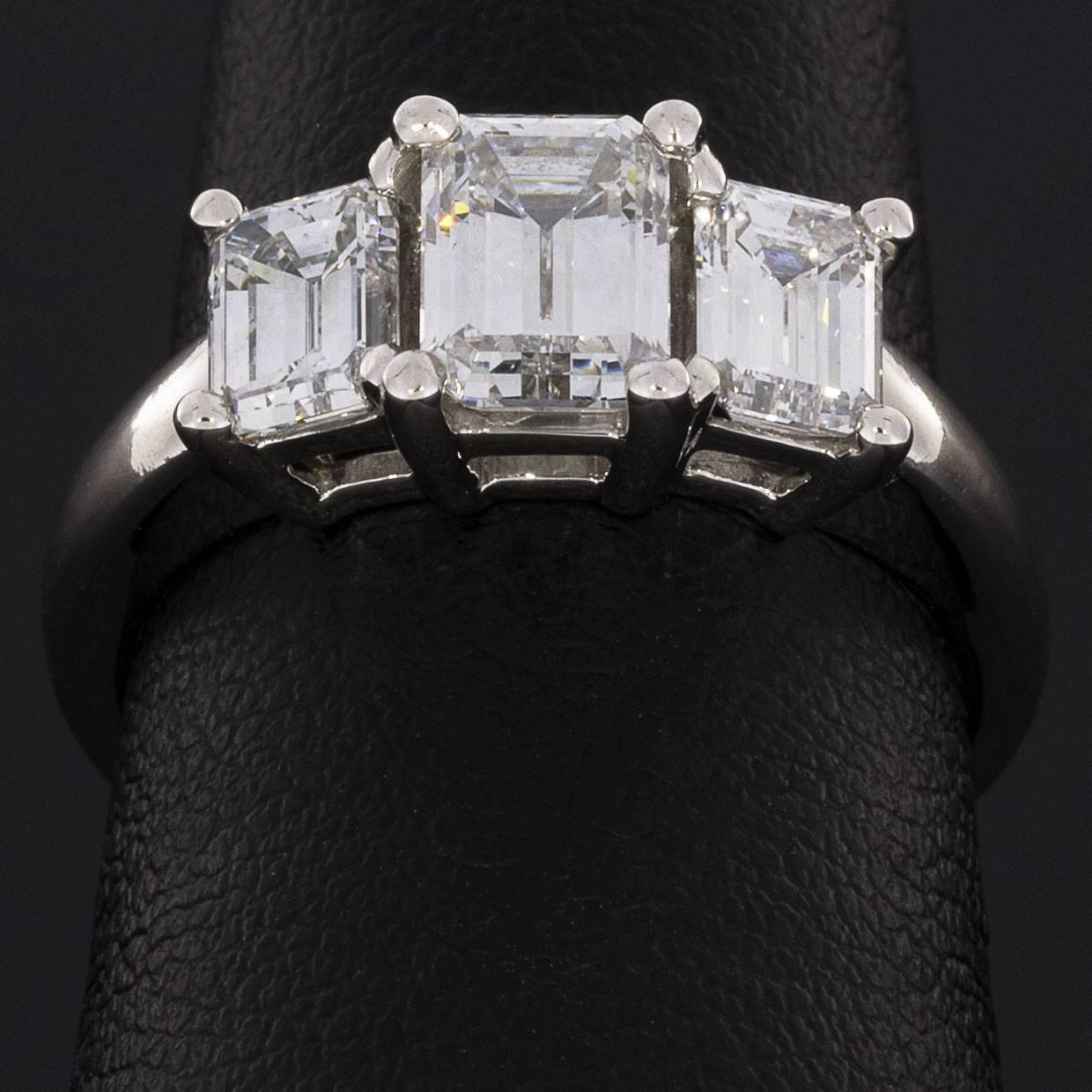 Women's Platinum 1.98 Carat Emerald Diamond Classic Three Stone Engagement Ring