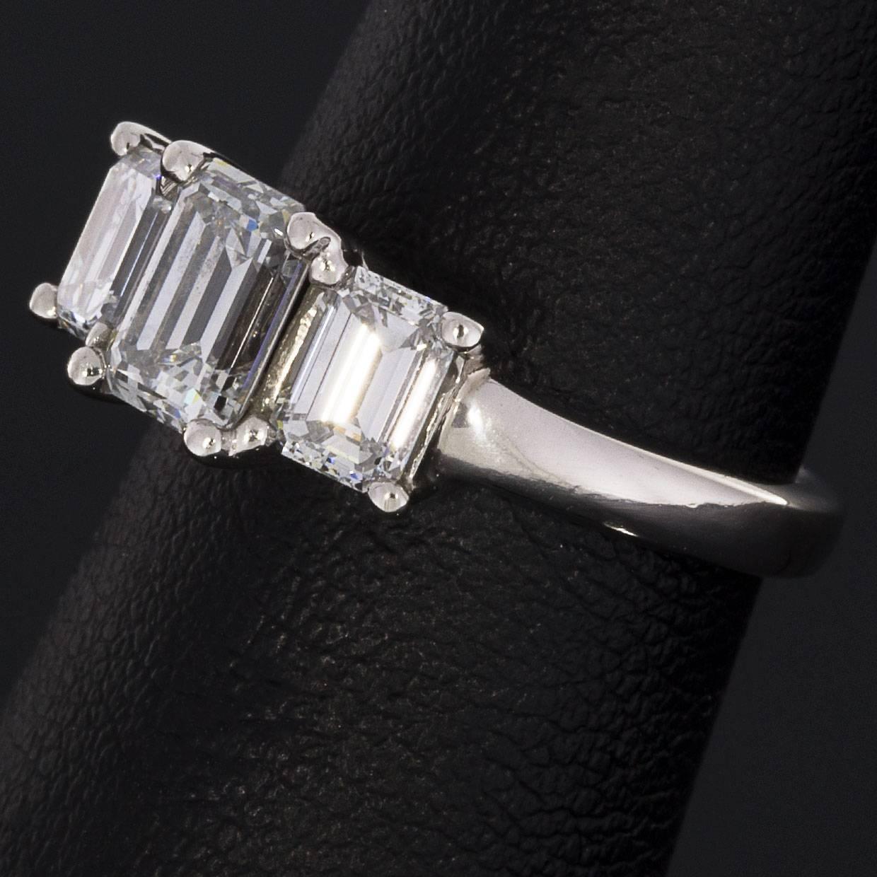 Platinum 1.98 Carat Emerald Diamond Classic Three Stone Engagement Ring 1