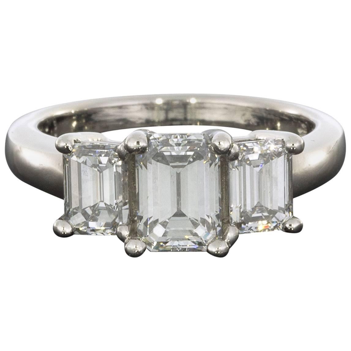Platinum 1.98 Carat Emerald Diamond Classic Three Stone Engagement Ring