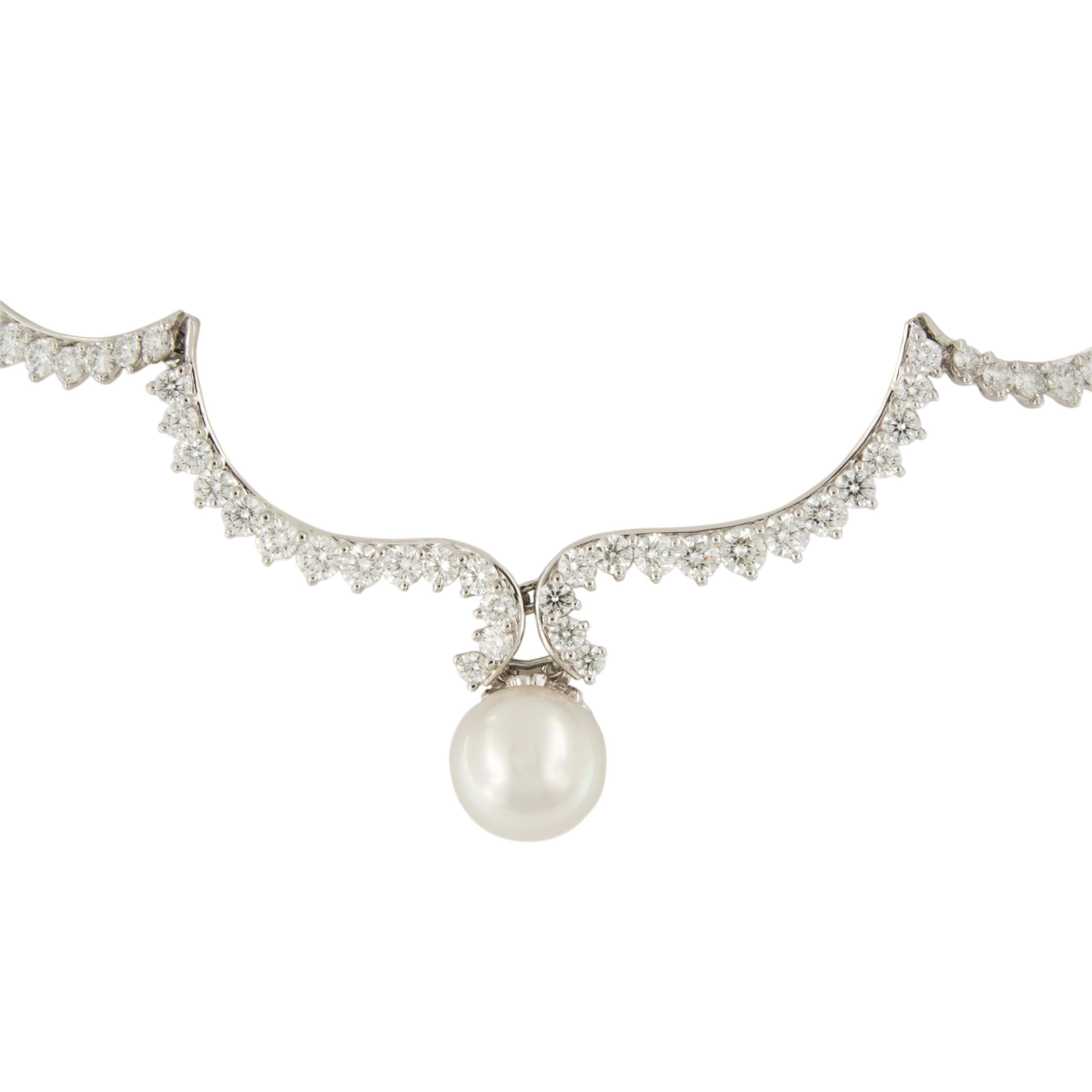 Assael is a name synonymous with the finest pearls of the world and Angela Cummings is renowned for her impeccable designs. Put them together in this one of a kind scalloped necklace made of noble platinum with 19.87 Cttw of the finest diamonds and