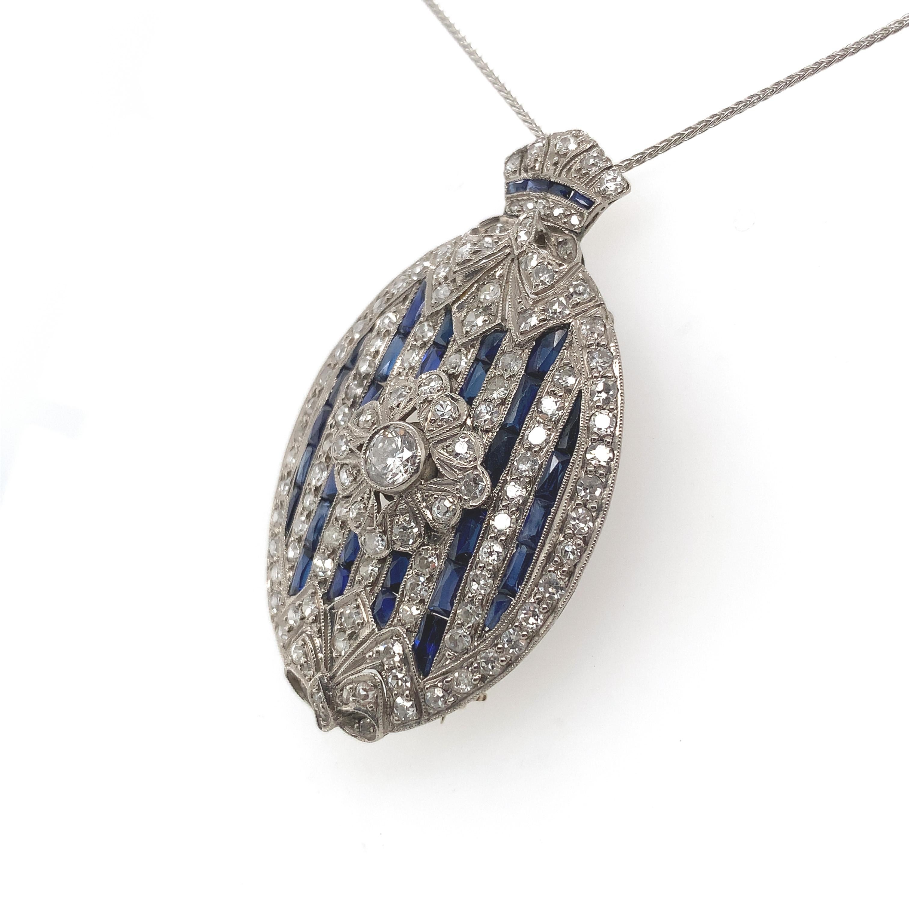 Round Cut Platinum 2 carat Diamond and Sapphire Art Deco Pendant Pin Necklace For Sale
