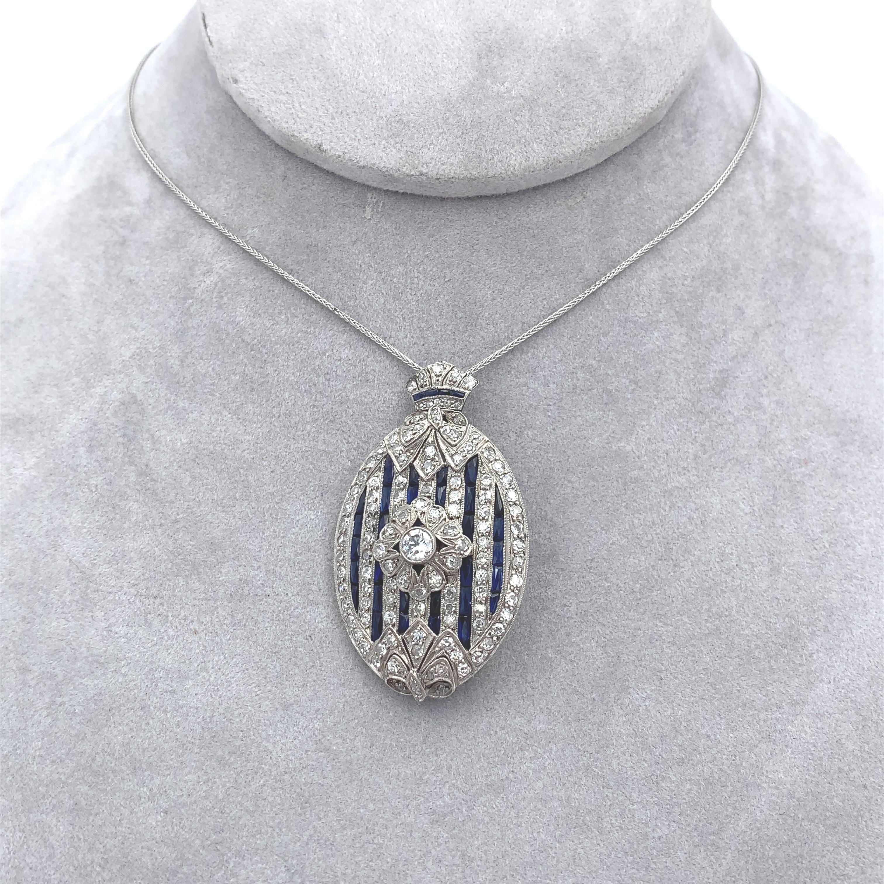 Platinum 2 carat Diamond and Sapphire Art Deco Pendant Pin Necklace For Sale 2