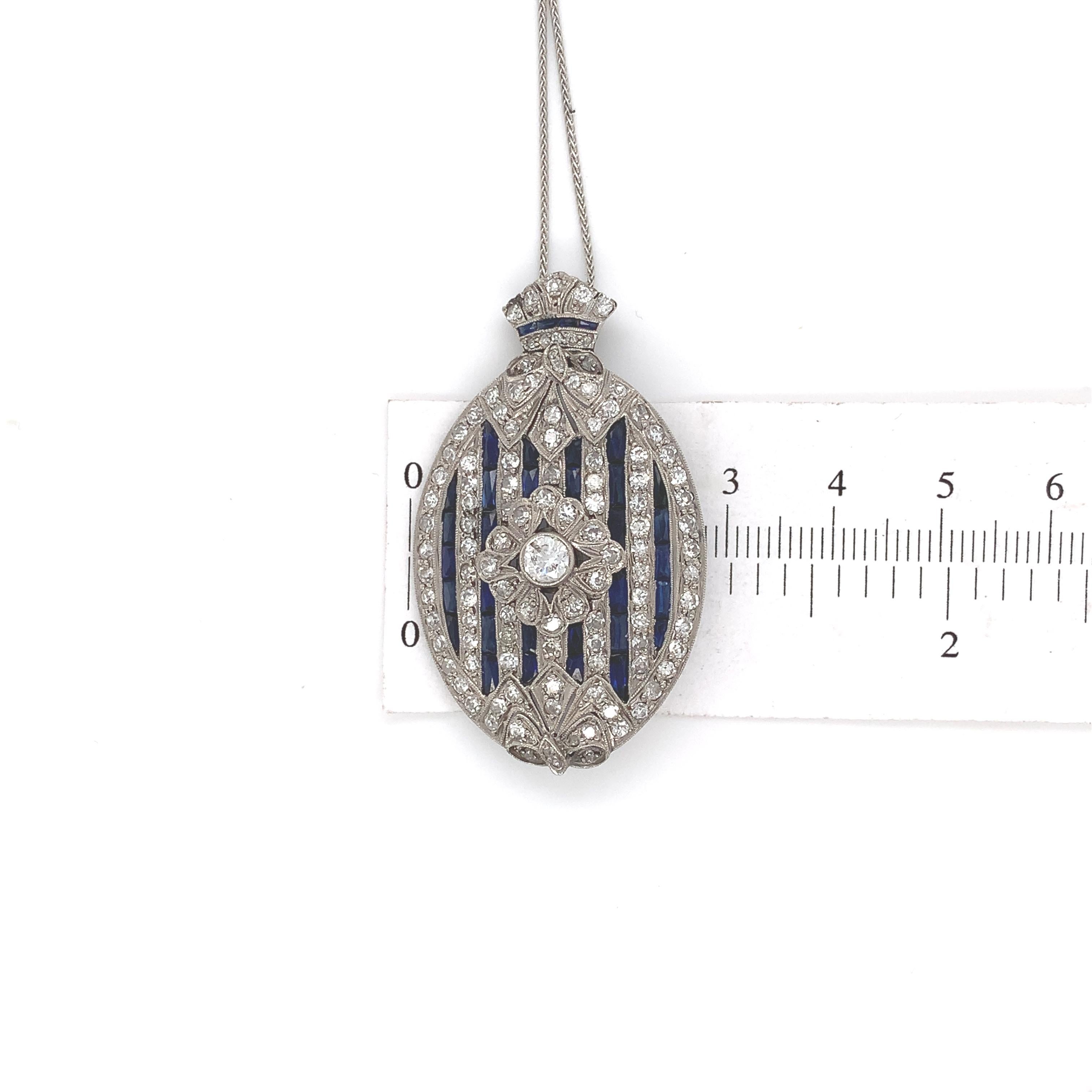 Platinum 2 carat Diamond and Sapphire Art Deco Pendant Pin Necklace For Sale 4